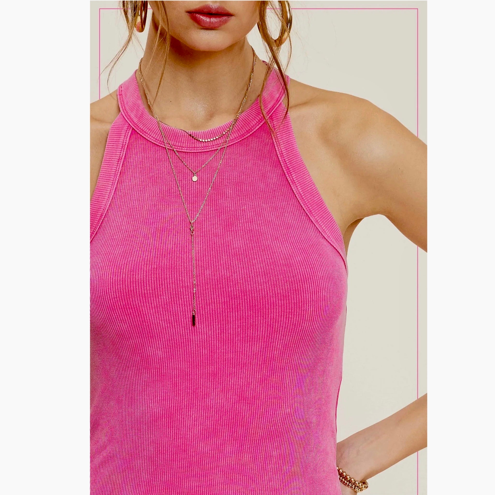 La Miel Mineral Washed Y-Back Lightweight Stretchy Tank in Candy Pink