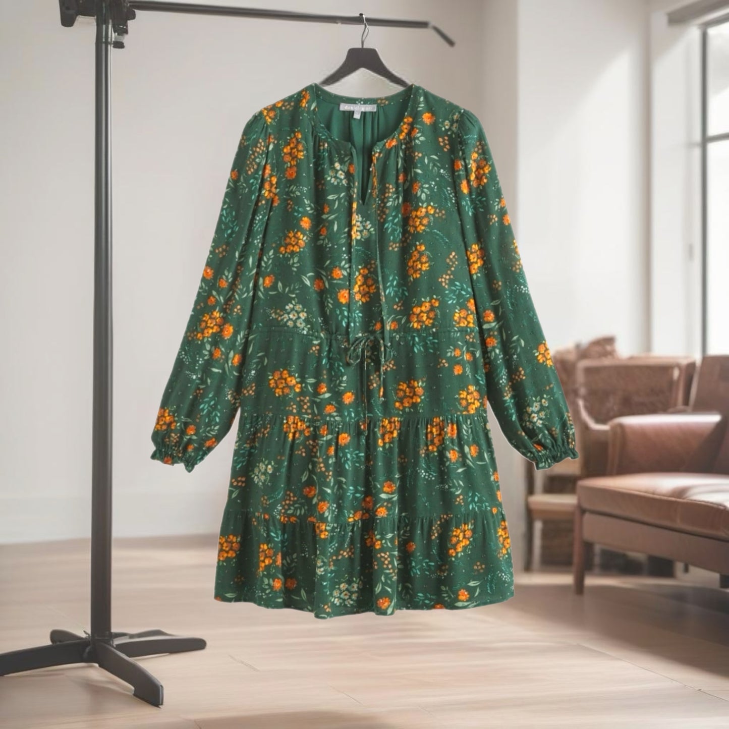 DANIEL RAINN Boho Floral Autumn Dress Green Long Sleeve Split Neck