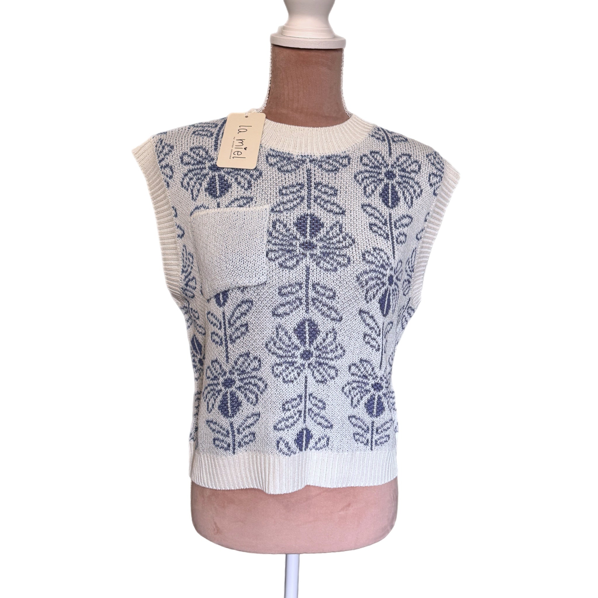 La Miel Floral Knit Sweater Vest Retro Revival Sleeveless Top- Pacific Blue