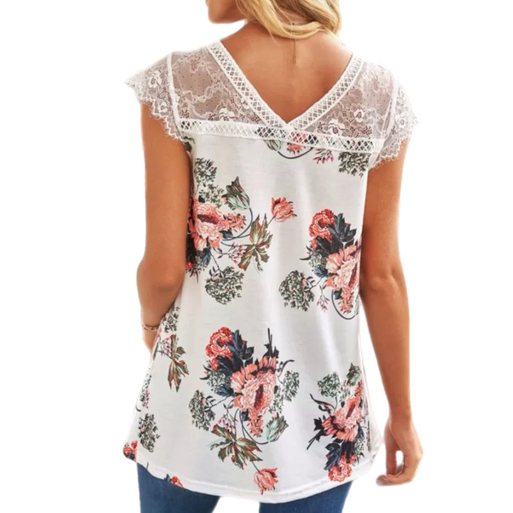 Boho Floral Lace-Accent V-Neck Tunic Top White & Pink