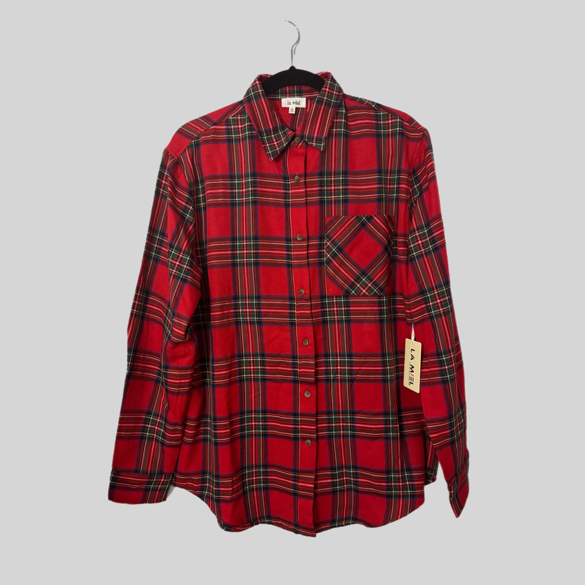 La Miel Plaid Oversized Shirt Button Front Long Sleeve in Holiday Red