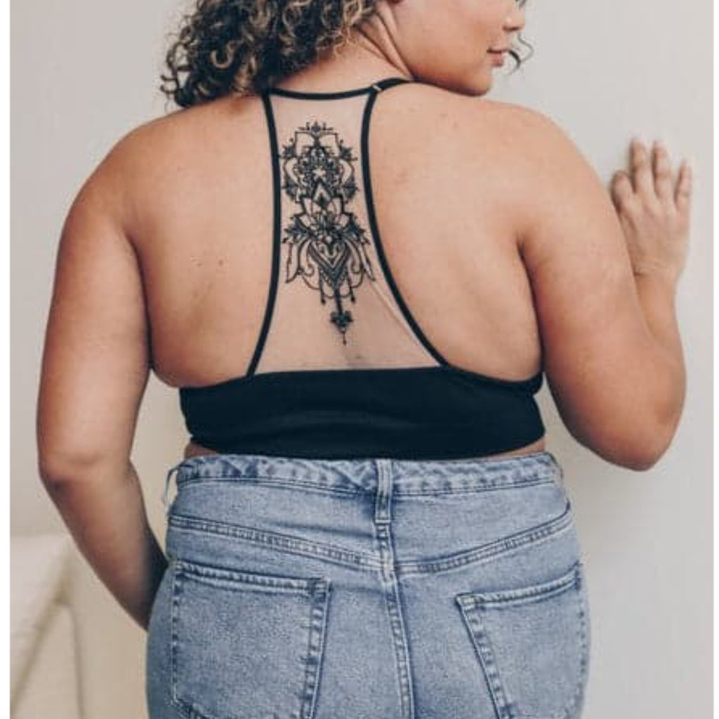 Boho Tattoo Bralette Embroidered Mesh Ribbed in Black