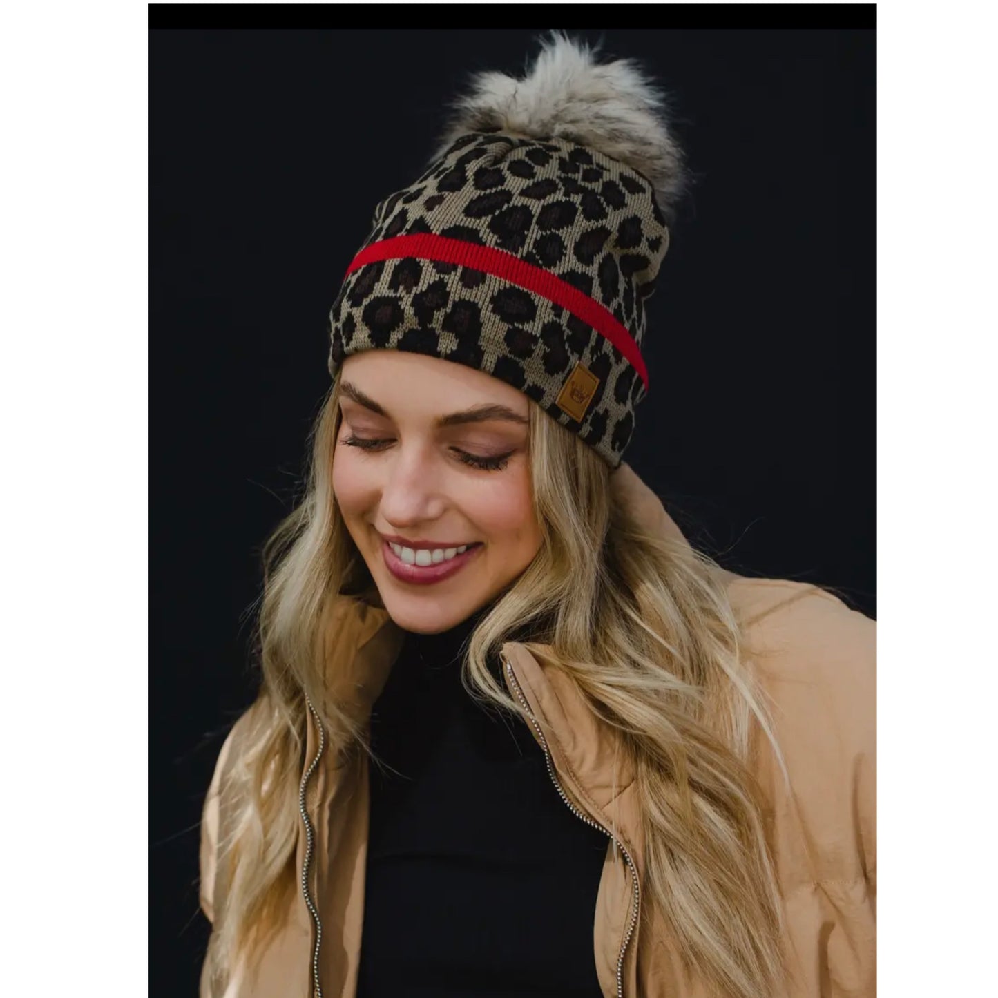 PANACHE Vegan Fur Puff Knit Hat Leopard Print Red Stripe Accent - East Coast Bella LLC