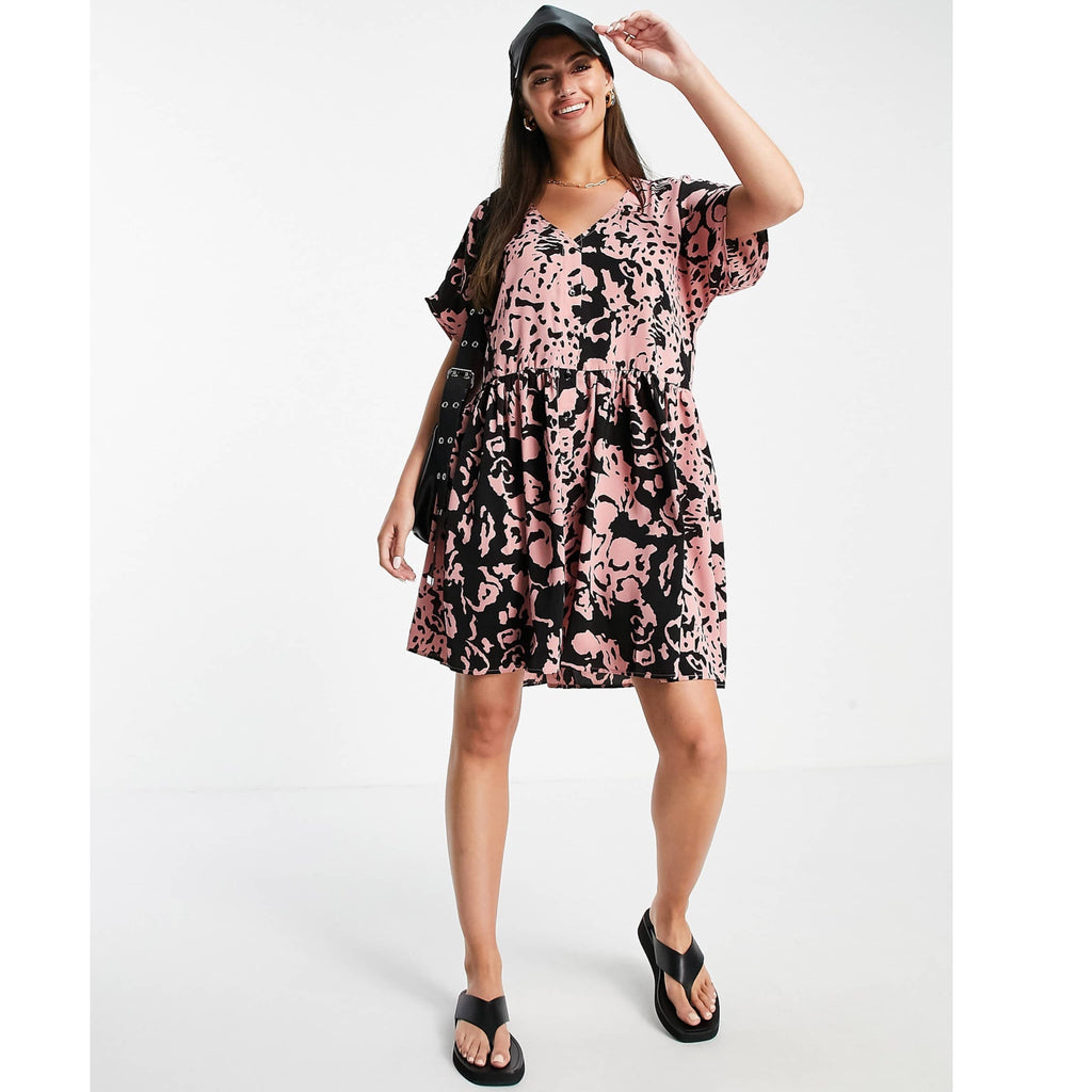 Urban Threads Oversized Button Front Dress in Pink Abstract