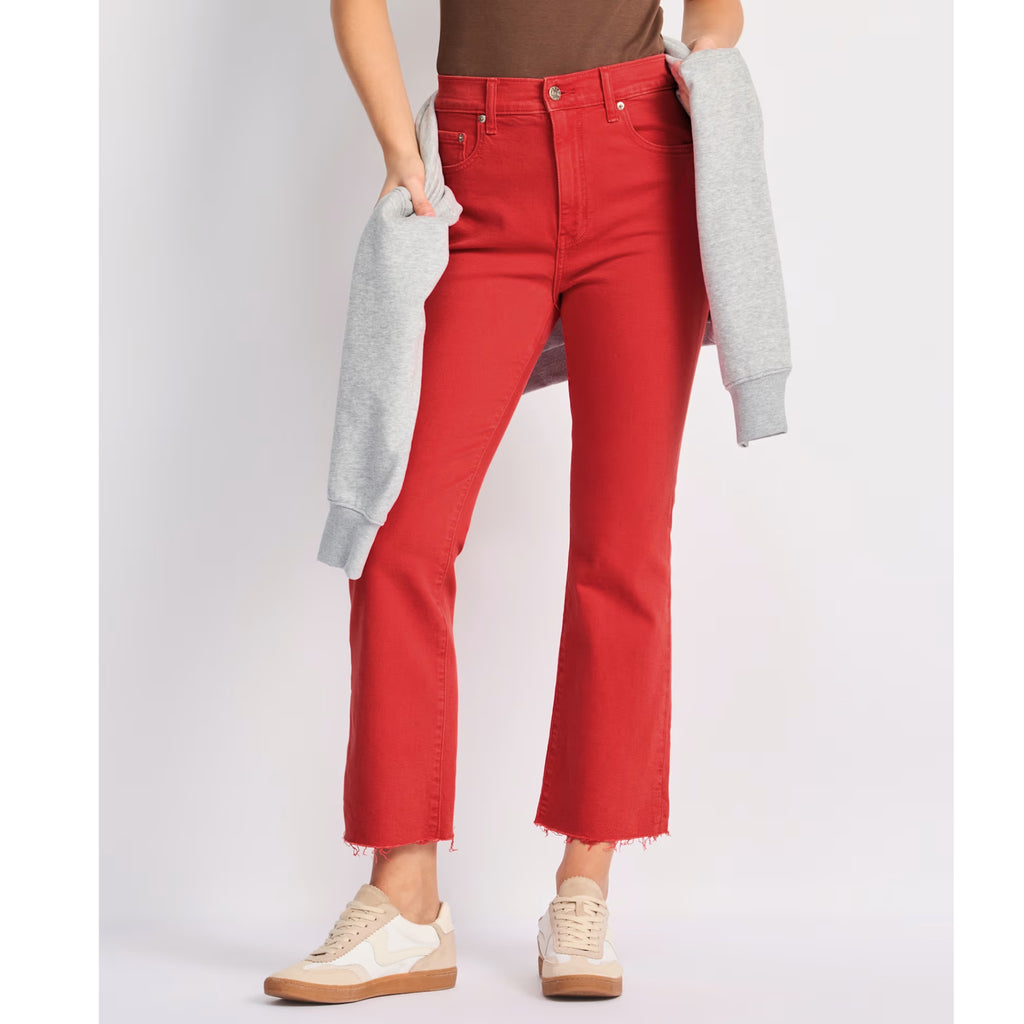 DAZE DENIM Shy Girl High Rise Crop Flare Jean Eco Friendly Cotton in Cherry