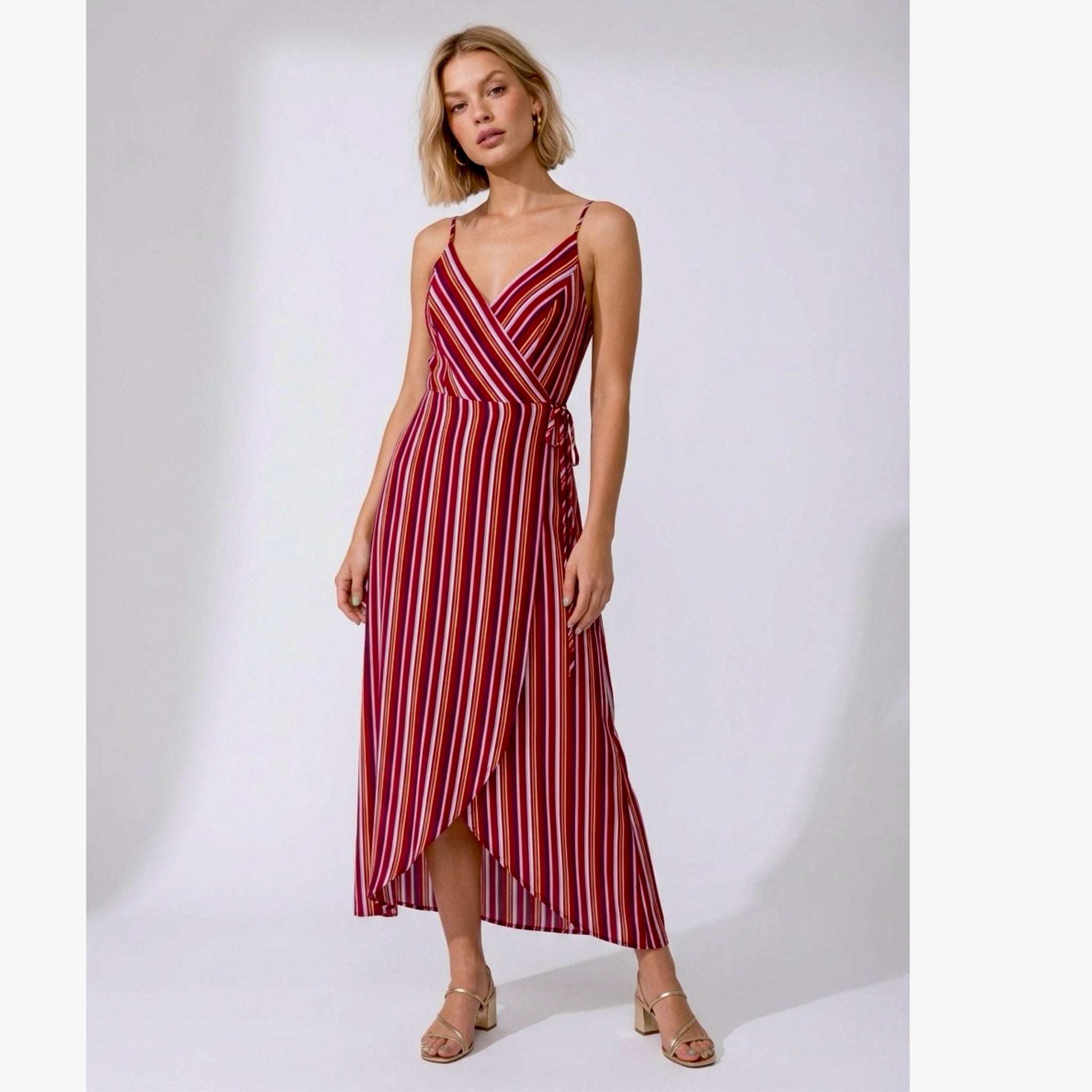 AQUA Women’s Resort Maxi Dress In Wine Stripe Sleeveless Wrap V Neck