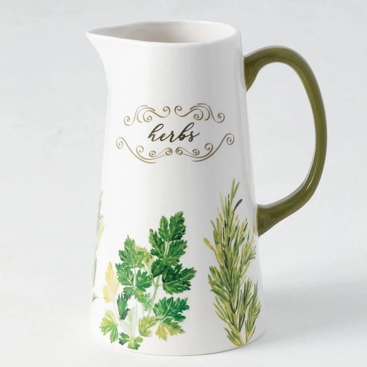 SULLIVANGIFT Ceramic Pitcher “Herbs” Painted Drink Container Green White 9.5”