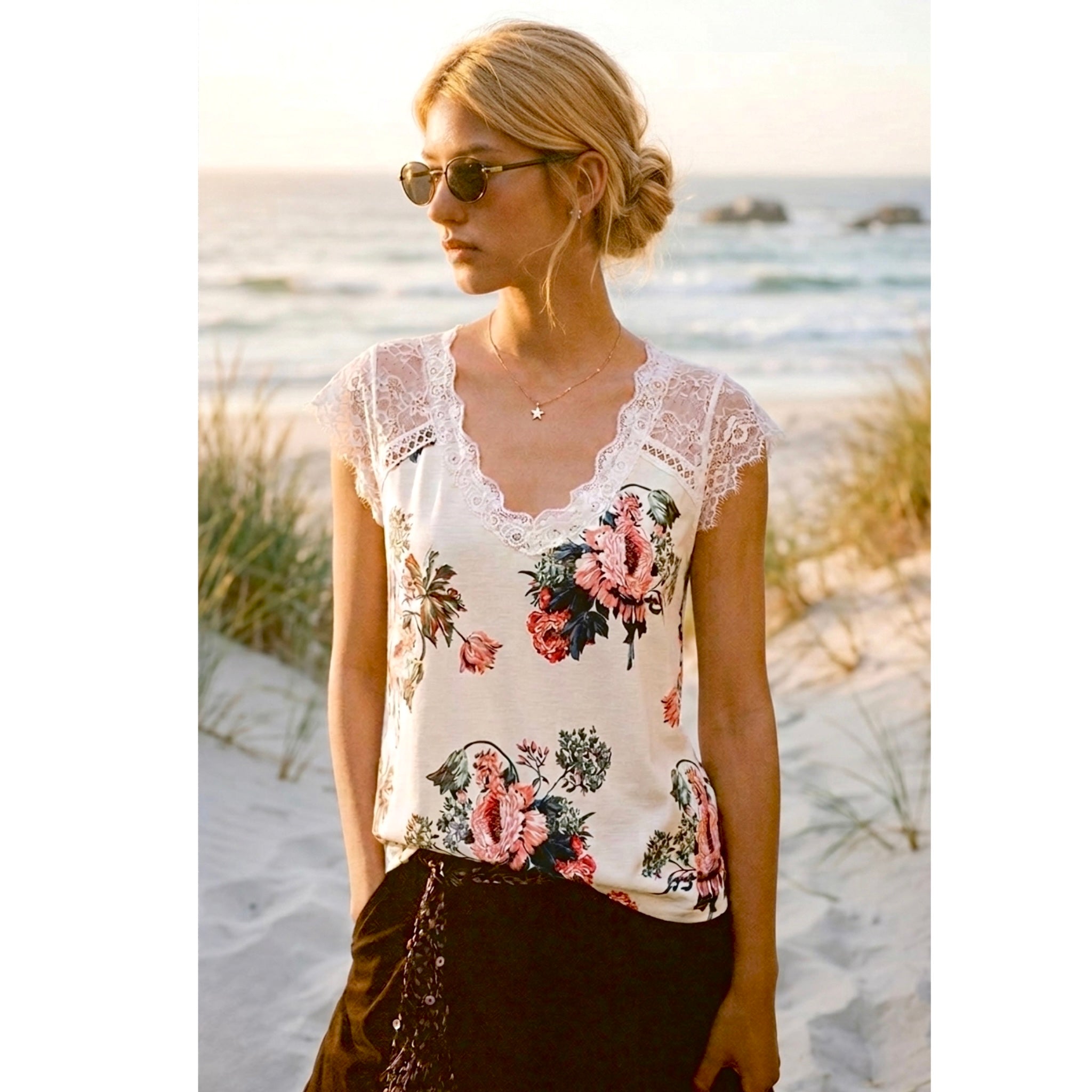 Boho Floral Lace-Accent V-Neck Tunic Top White & Pink