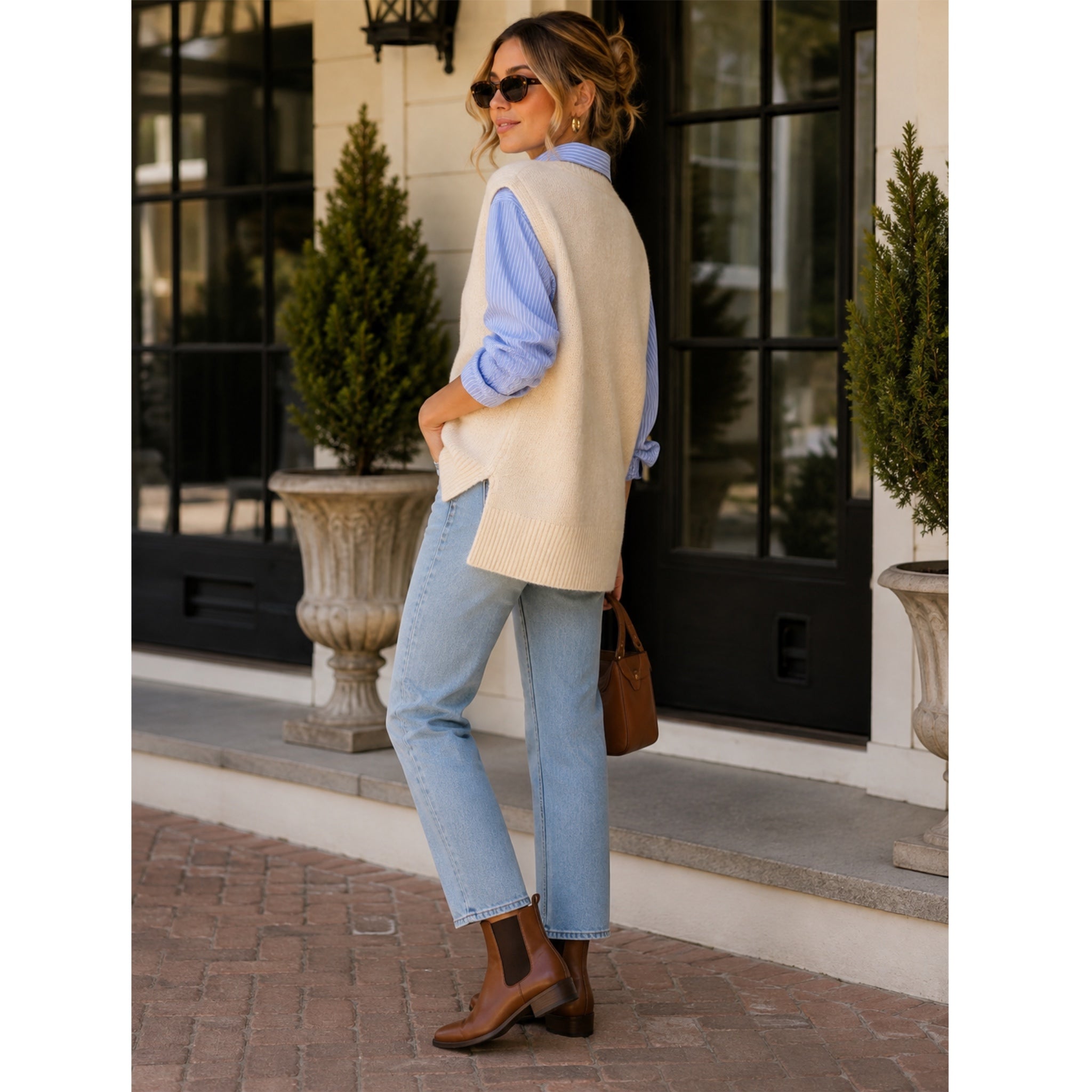 La Miel Oversized Soft Knit Preppy Lady Sweater Vest Wool Blend in Cream