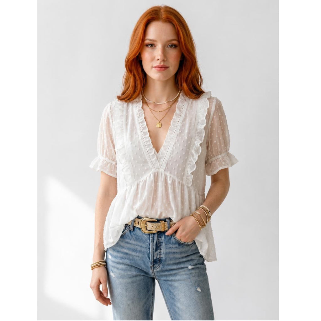 Chiffon Swiss Dot Ruffle Blouse Plunge Top V-Neck in Romantic White