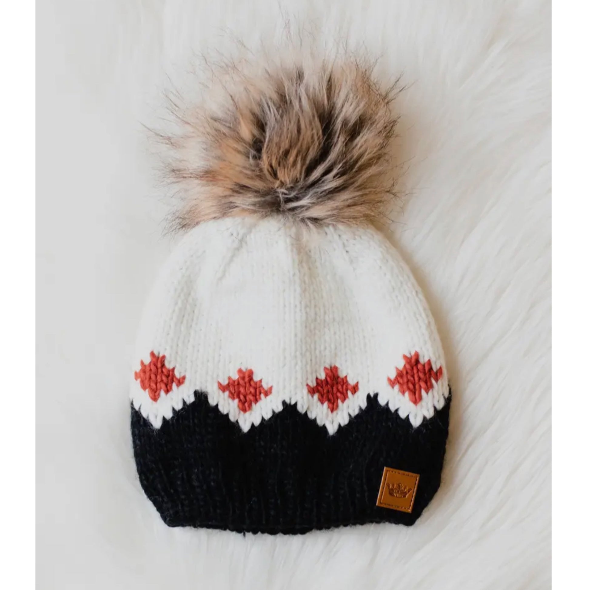 PANACHE Vegan Fur Puff Knit Hat in White, Rust & Black Pattern - East Coast Bella LLC