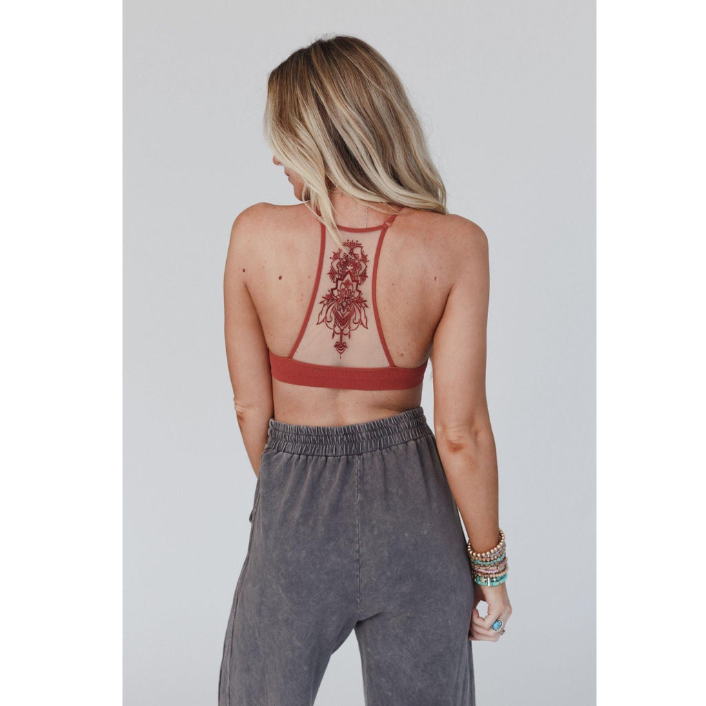 Boho Tattoo Bralette Embroidered Mesh Ribbed in Rust