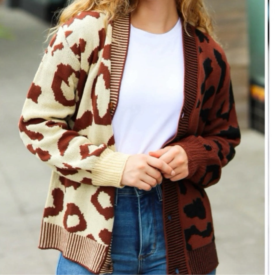 HAPTICS Taupe & Sepia Leopard Print Color Block Fall Buttoned Cardigan Sweater