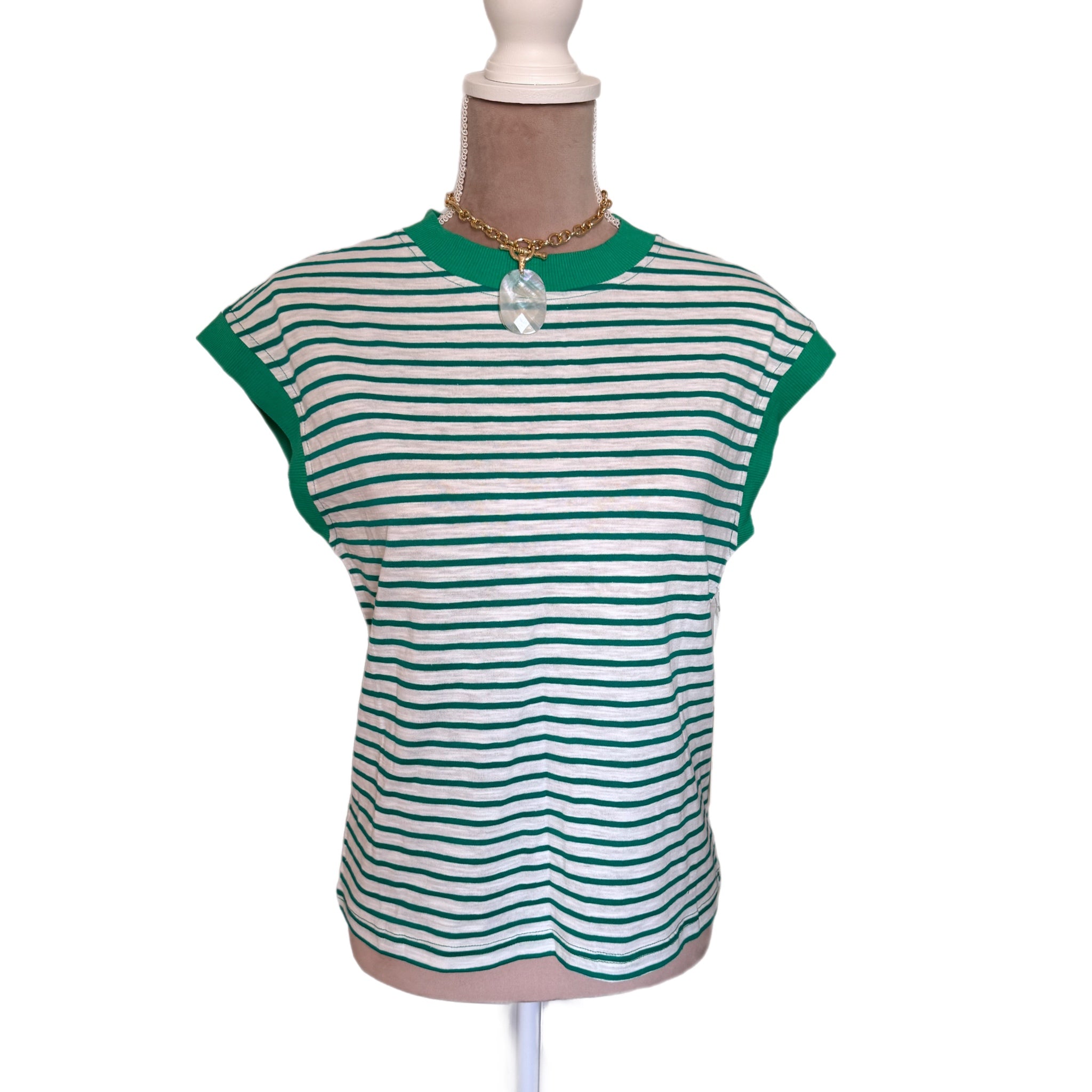 La Miel Nautical Striped Cap Sleeve Top in Apple Green Soft Cotton