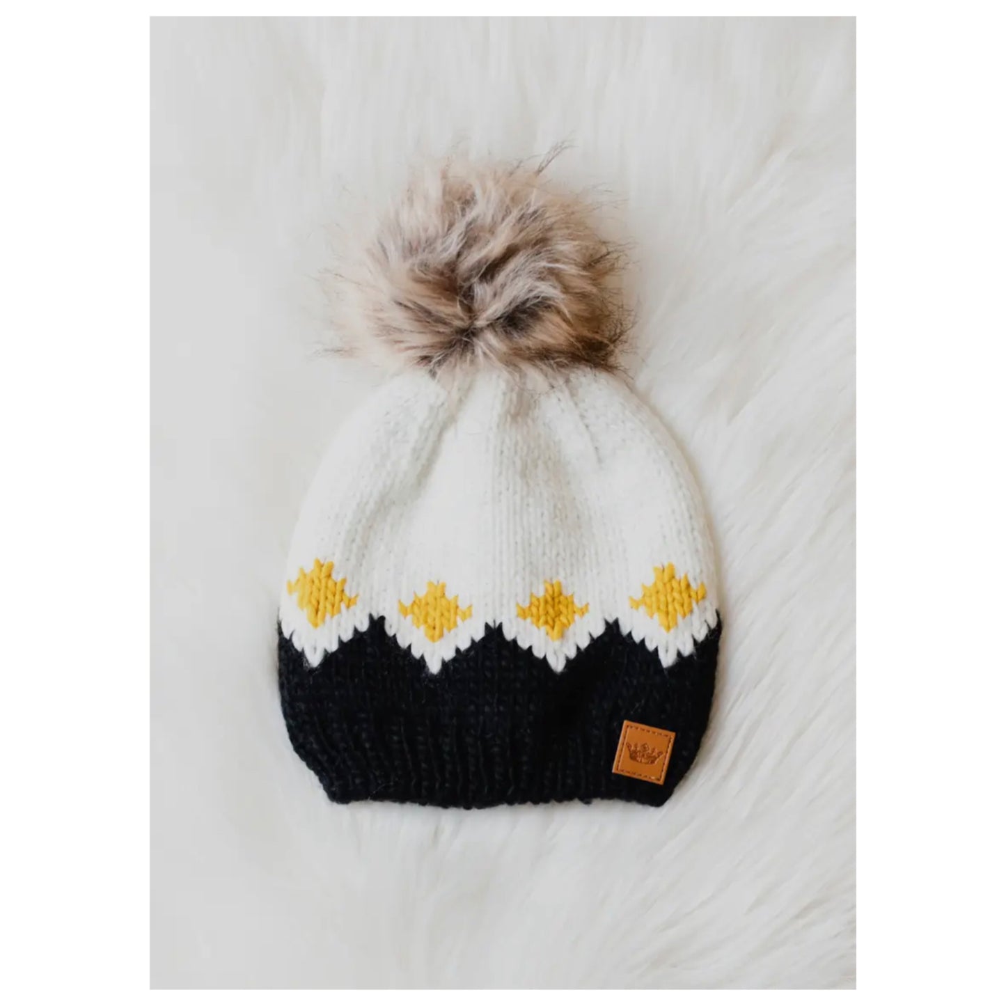 PANACHE Vegan Fur Pom Knit Hat White, Mustard & Black - East Coast Bella LLC