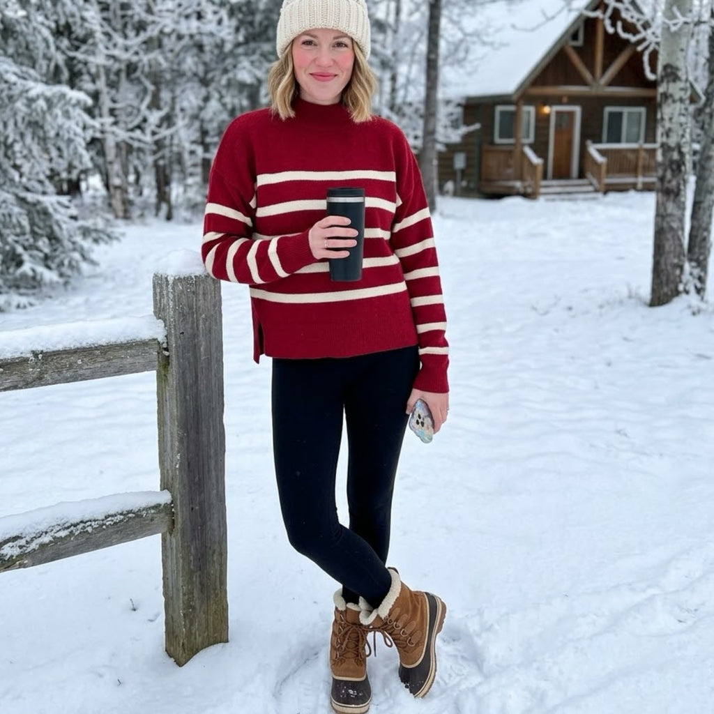 La Miel Red & Cream Striped Dolman Sleeve Mock Neck Sweater