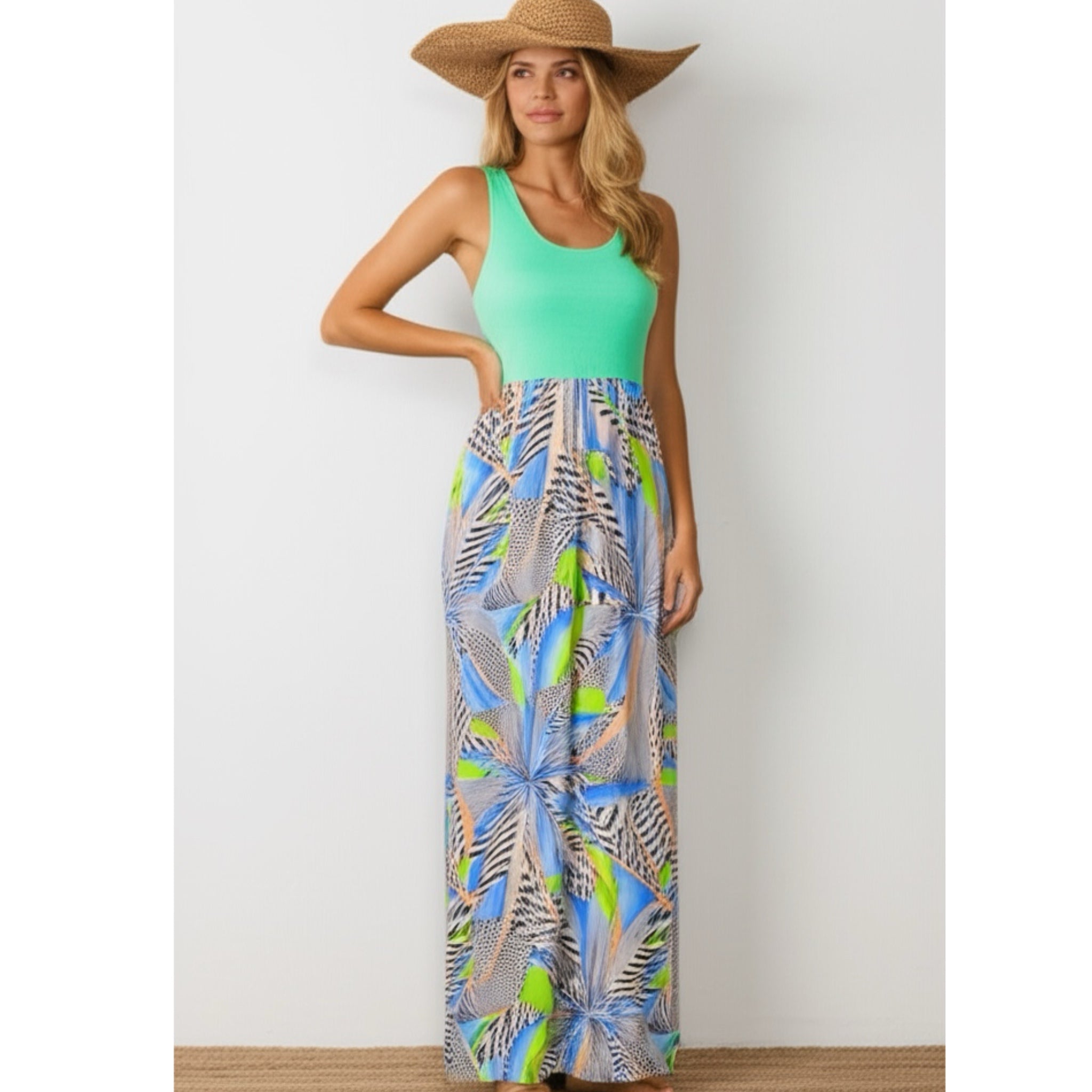 TYCHE Tropical Getaway Color Block Sleeveless Maxi Dress in Mint