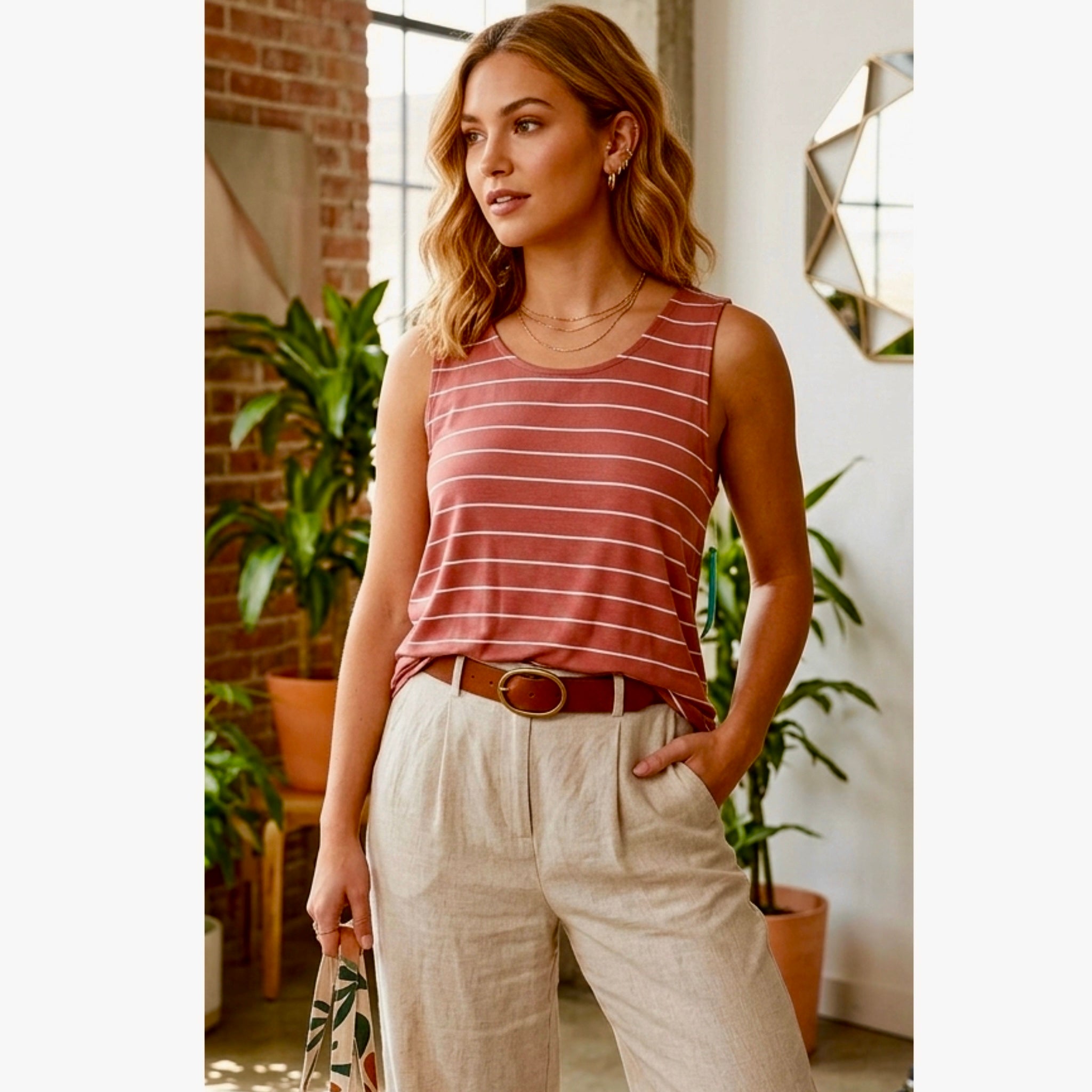 MARKET & SPRUCE Women’s Tank Top Wide Strap Terracotta Stripe Twist Back