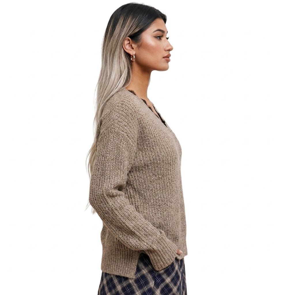 La Miel Boho Heather Beige Lace Trim V-Neck Ribbed Knit Sweater