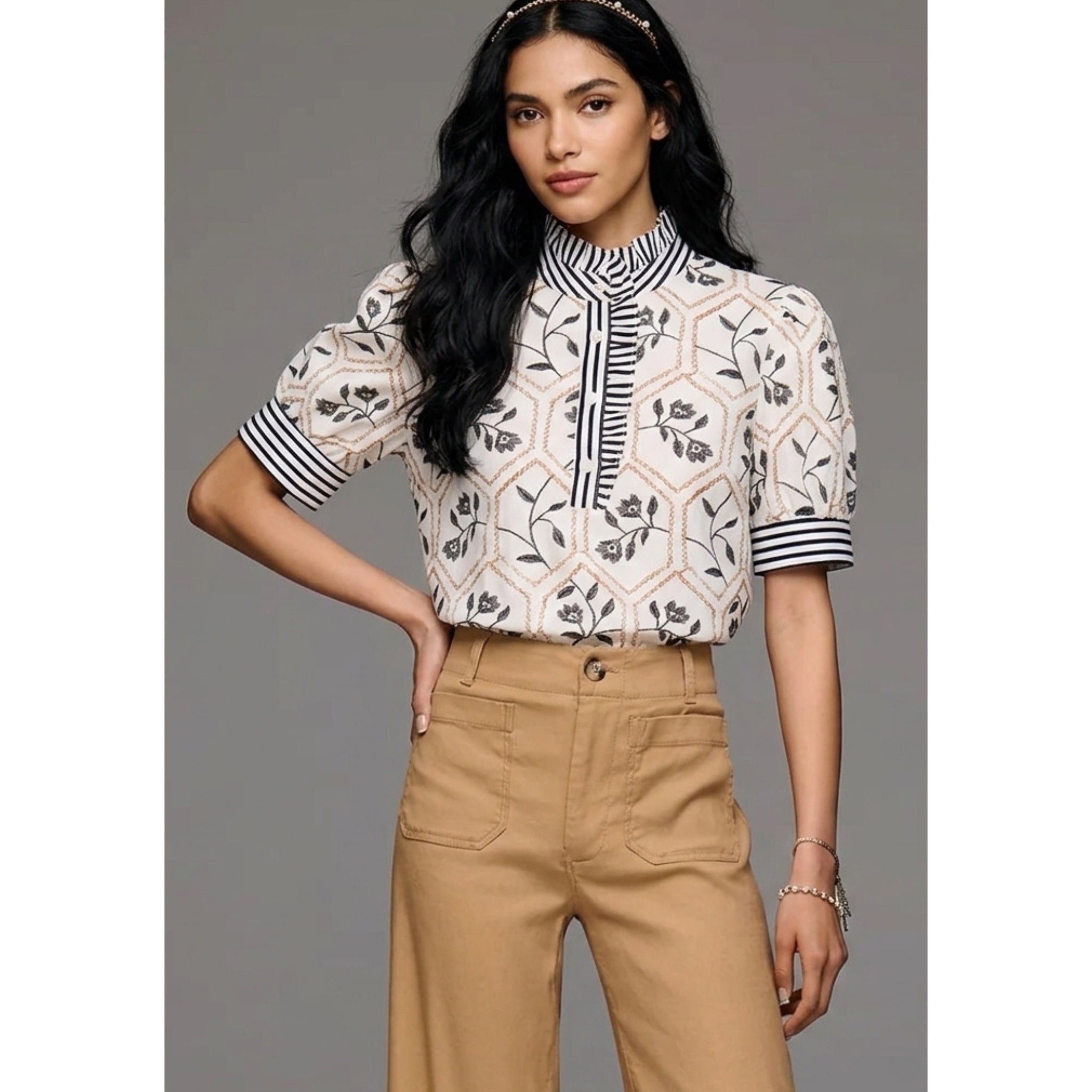 Preppy Aesthetic Floral Stripe Patchwork Ruffle Blouse Puff Sleeve