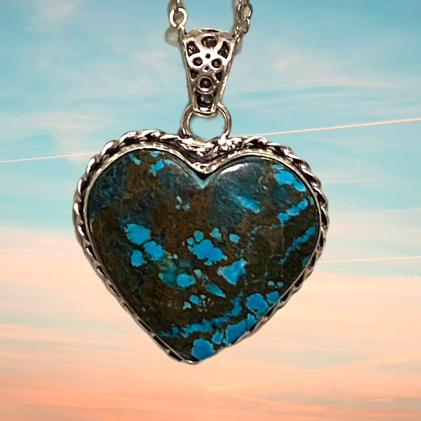 Western Turquoise Heart Pendant Necklace Silver Plated Metal Bezel, 18” Chain - East Coast Bella LLC