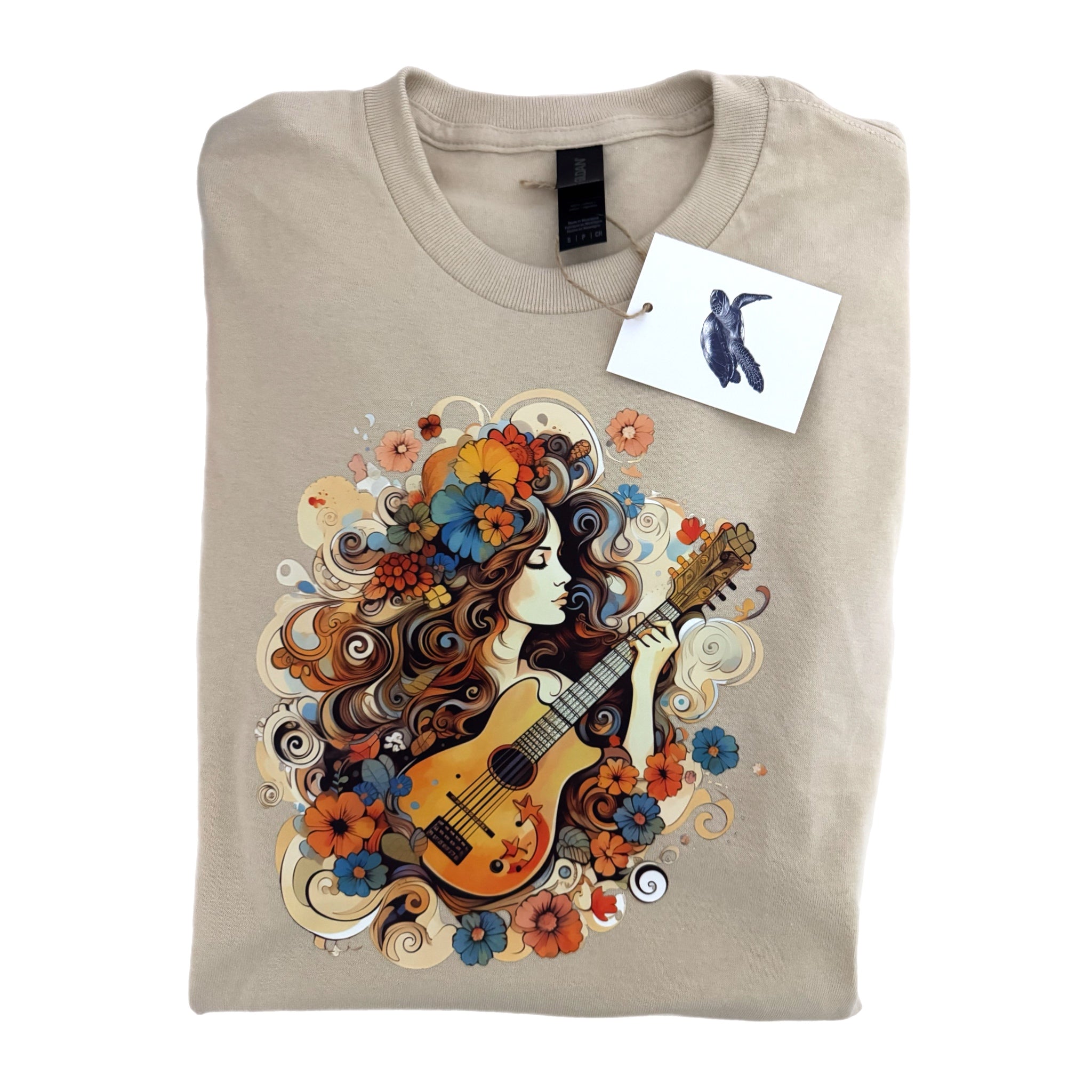 Boho Floral Guitar Girl Vintage Aesthetic Graphic Tee Shirt in Beige