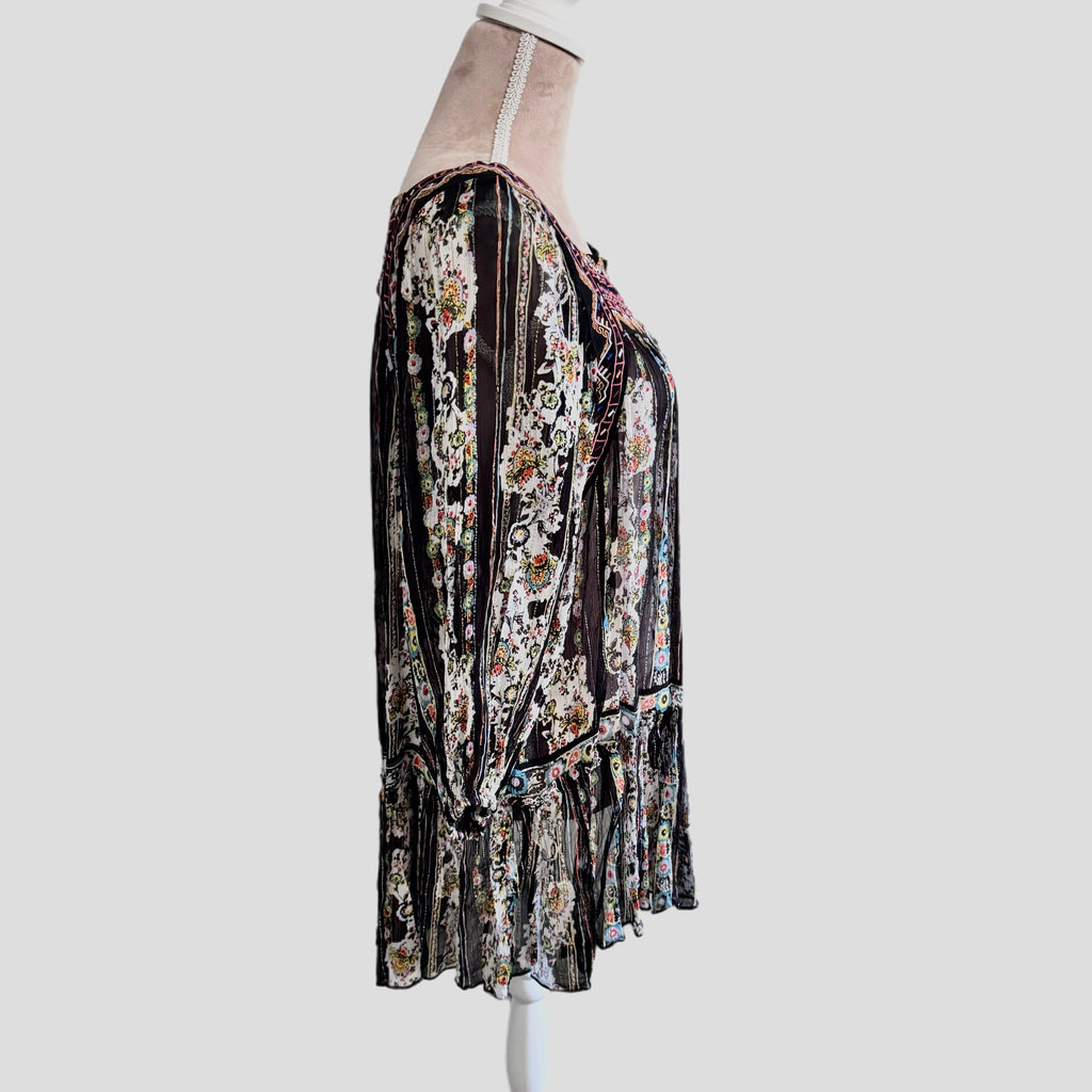 Free People Mini Dress Embroidered Floral Semi-Sheer Boho Black