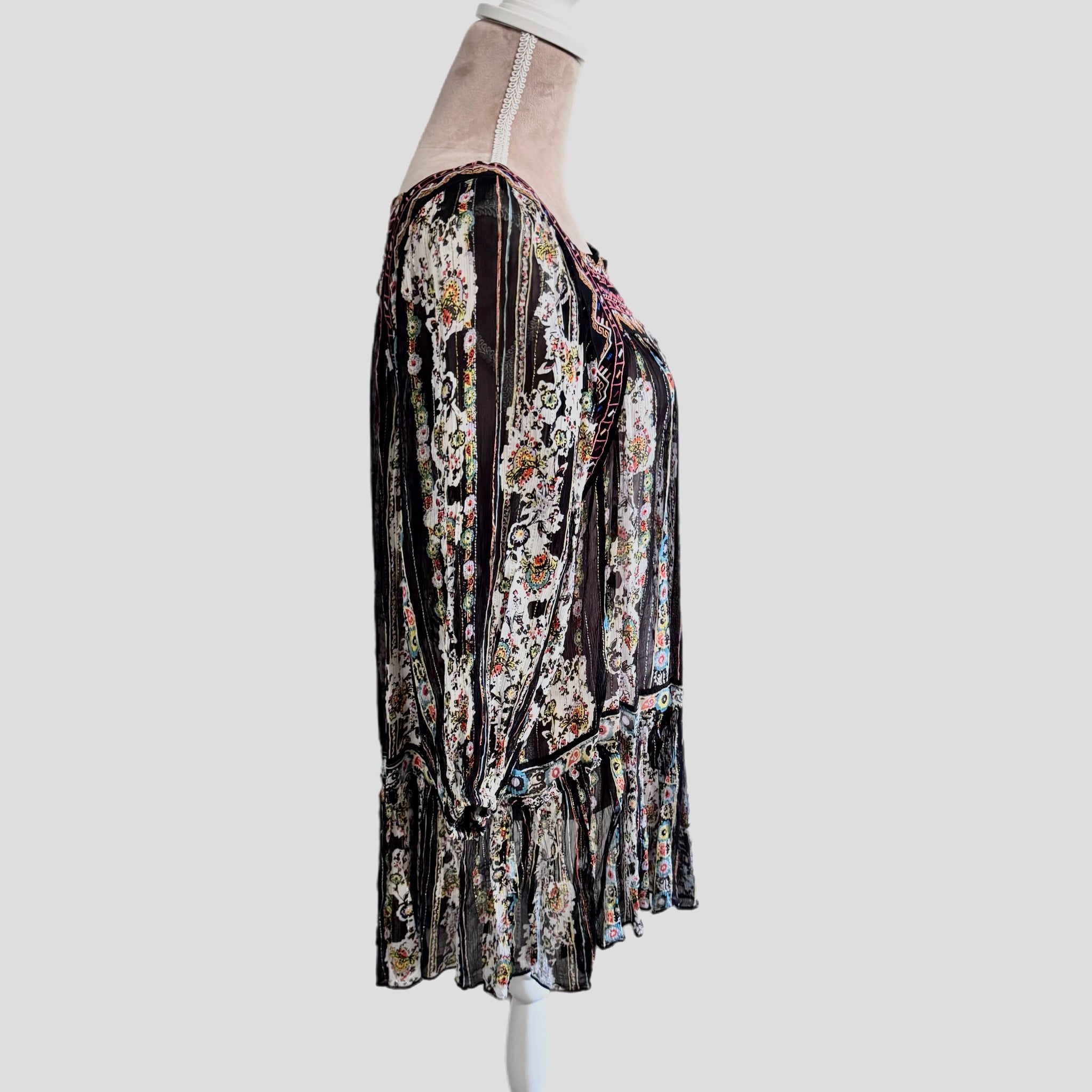 Free People Mini Dress Embroidered Floral Semi-Sheer Boho Black