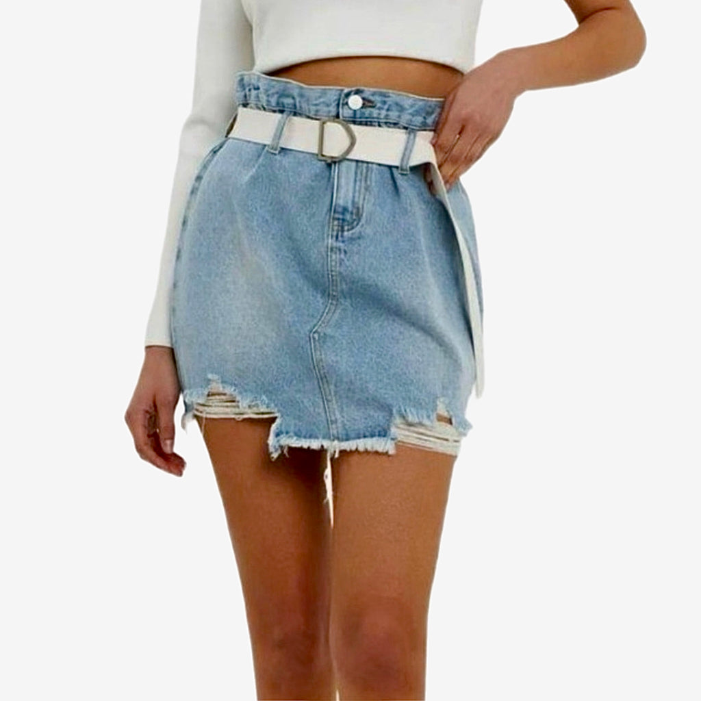 GREY LAB LOS ANGELES High Rise Denim Skirt Light Wash 90s Style Distressed Hem