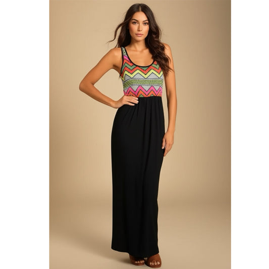 42POPS Boho Geometric Maxi Sleeveless Tank Dress Zip Zag Knit USA Made