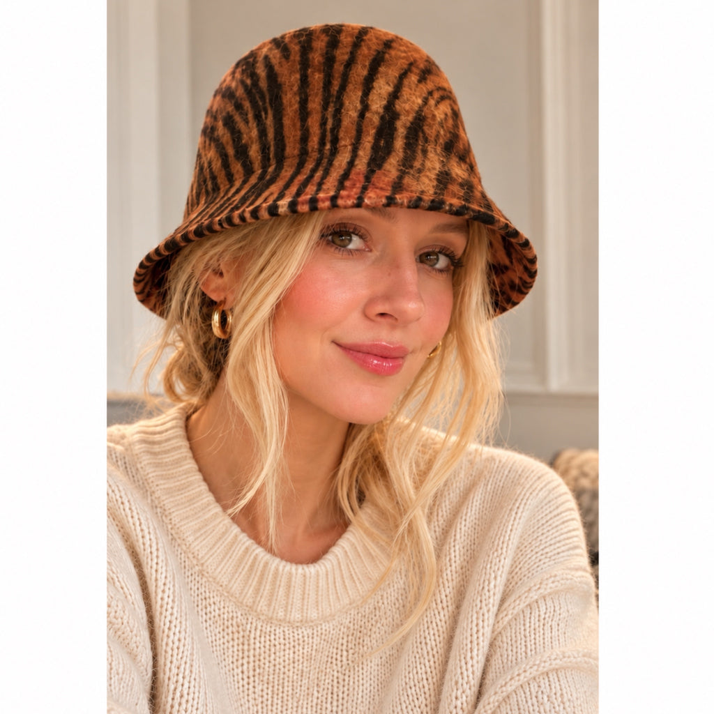 100% Wool Tiger Print Cloche Hat in Brown Black Animal Print