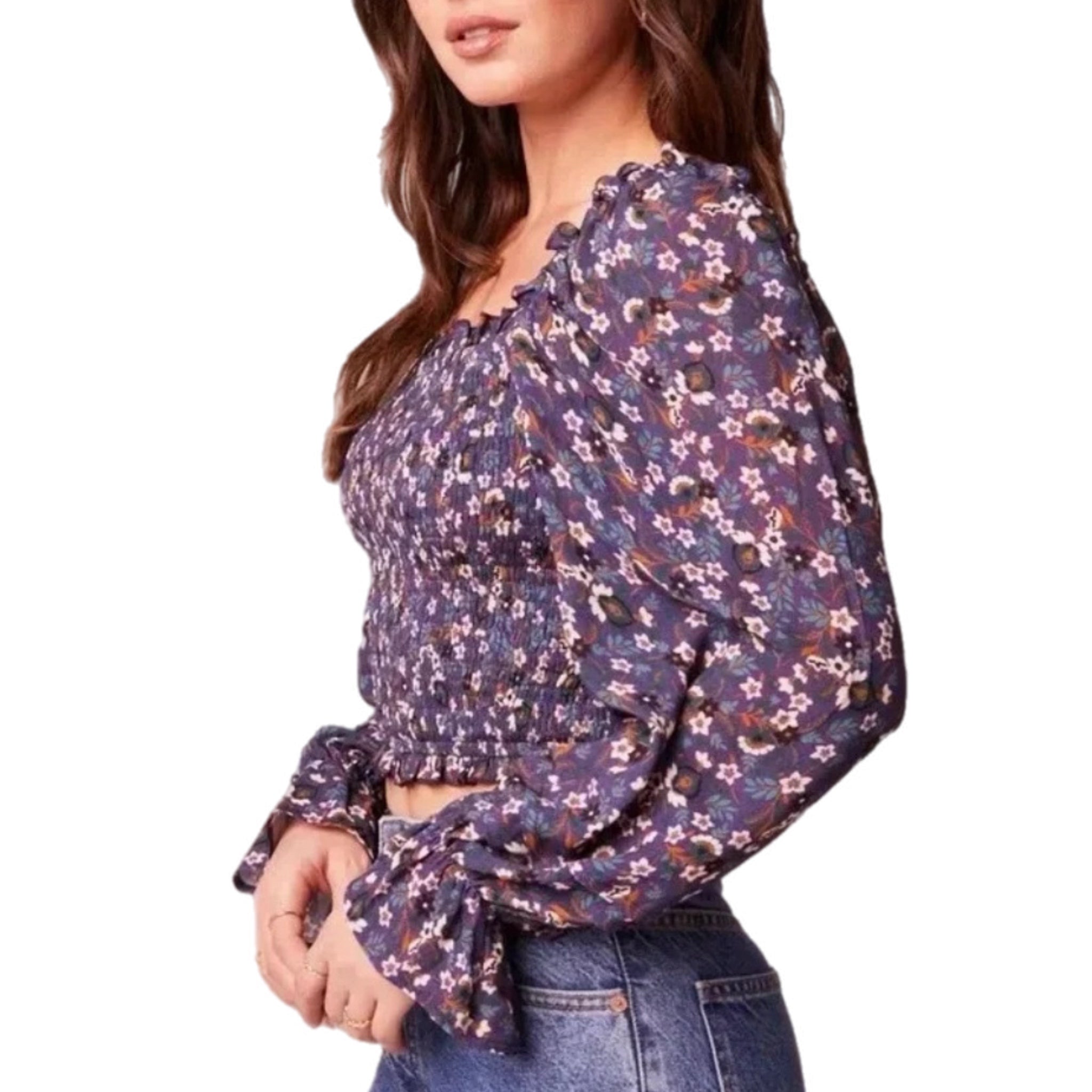 BAND OF THE FREE Cropped Purple Floral Smocked Long Sleeve Blouse