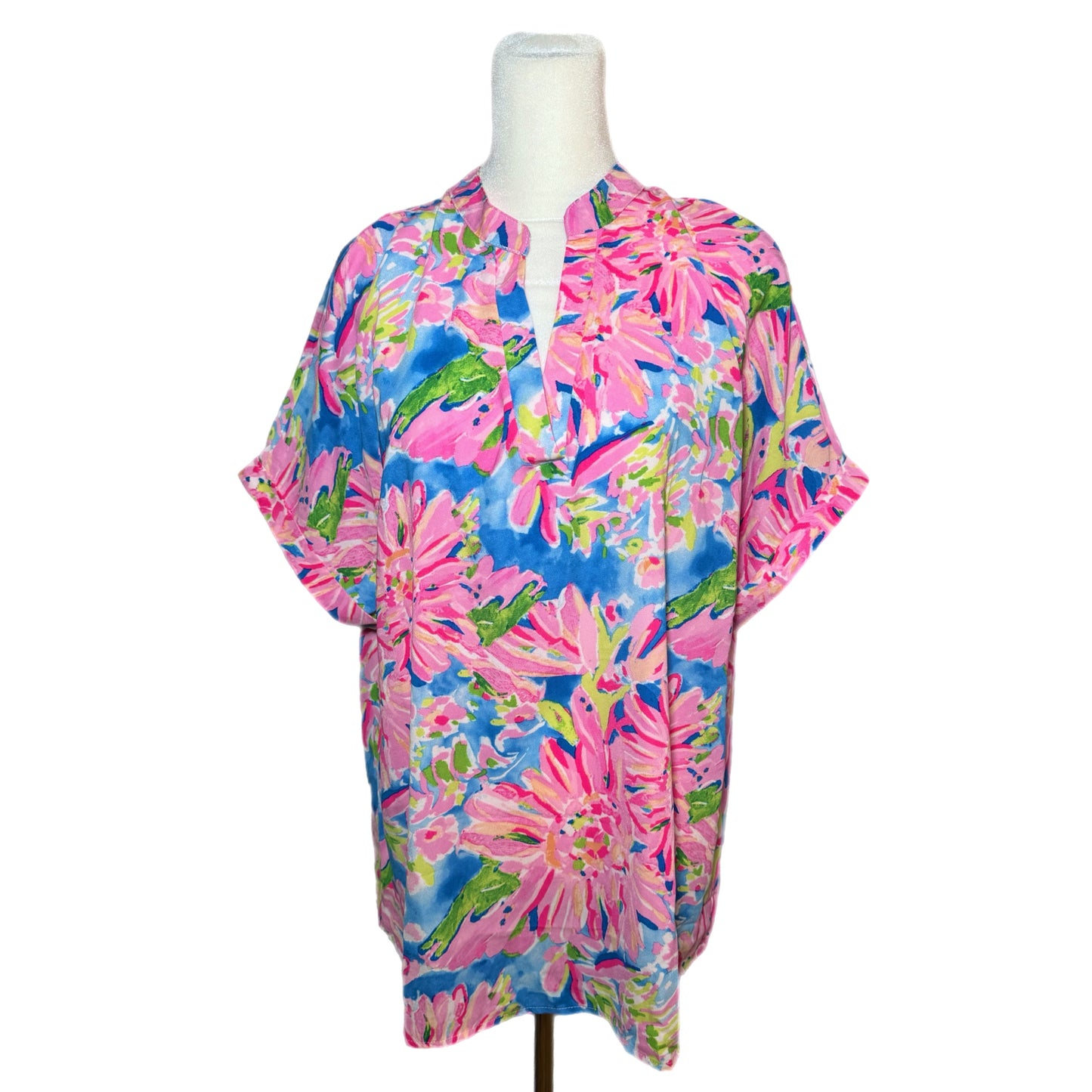 Floral Notch V Neck Blouse Short Sleeve Top XL Only