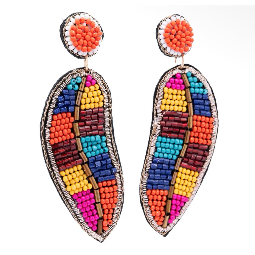 Colorful Beaded Leaf Statement Earrings Boho Dangle Made in India