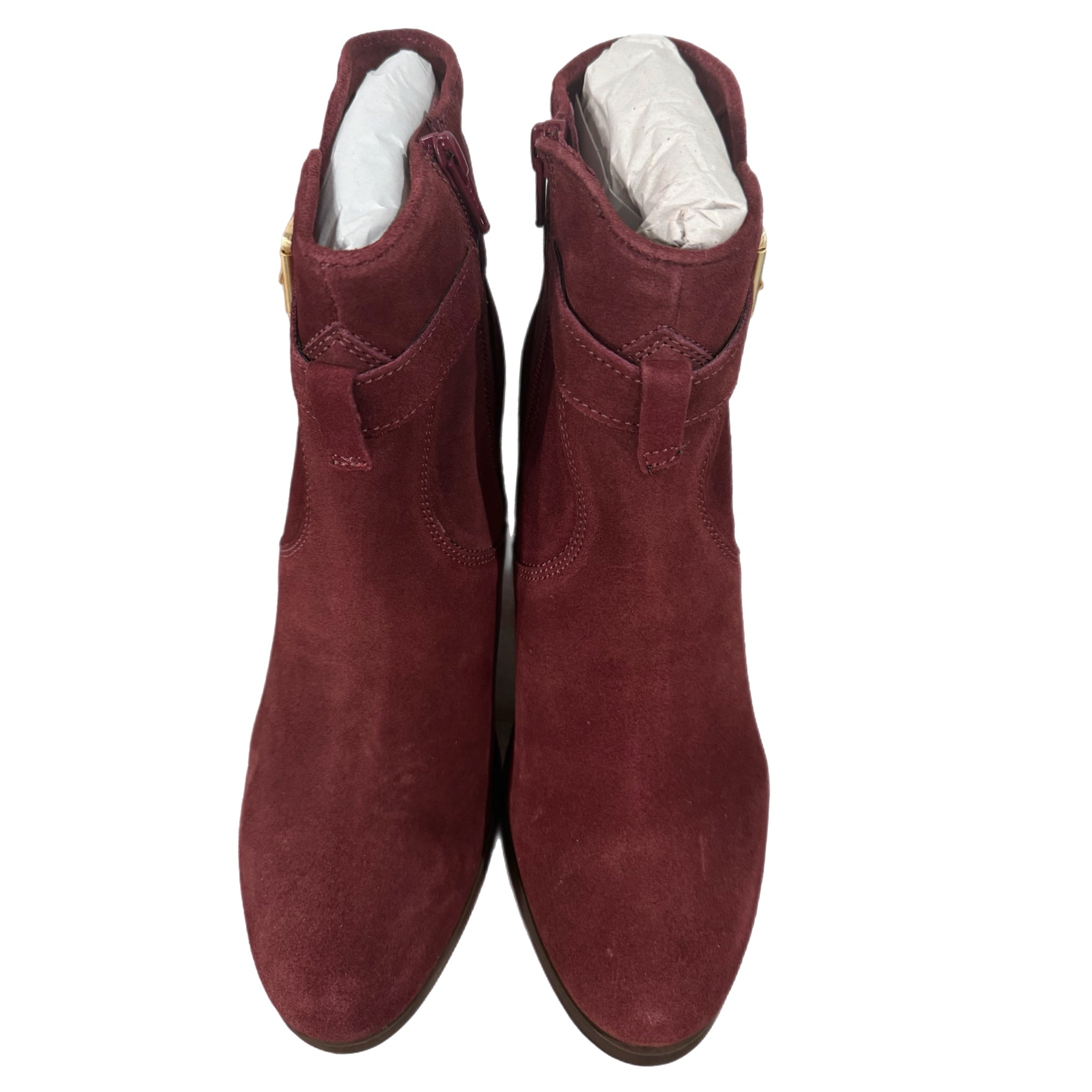 DIBA Merlot Burgundy Genuine Suede Leather Fashion Booties Gold Buckle Accent