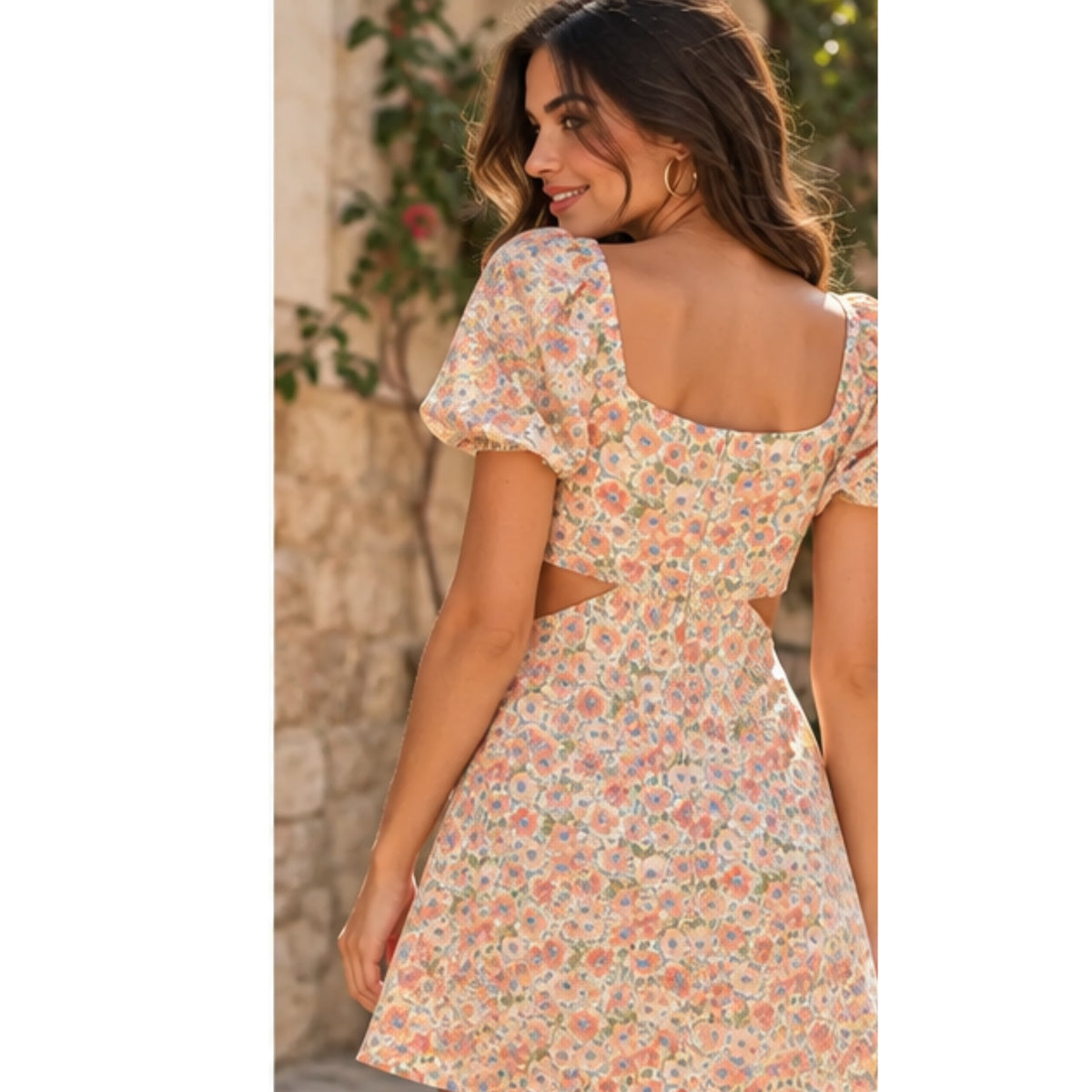 Lumiere Sage Banana Floral Cutout Puff Sleeve Mini Dress