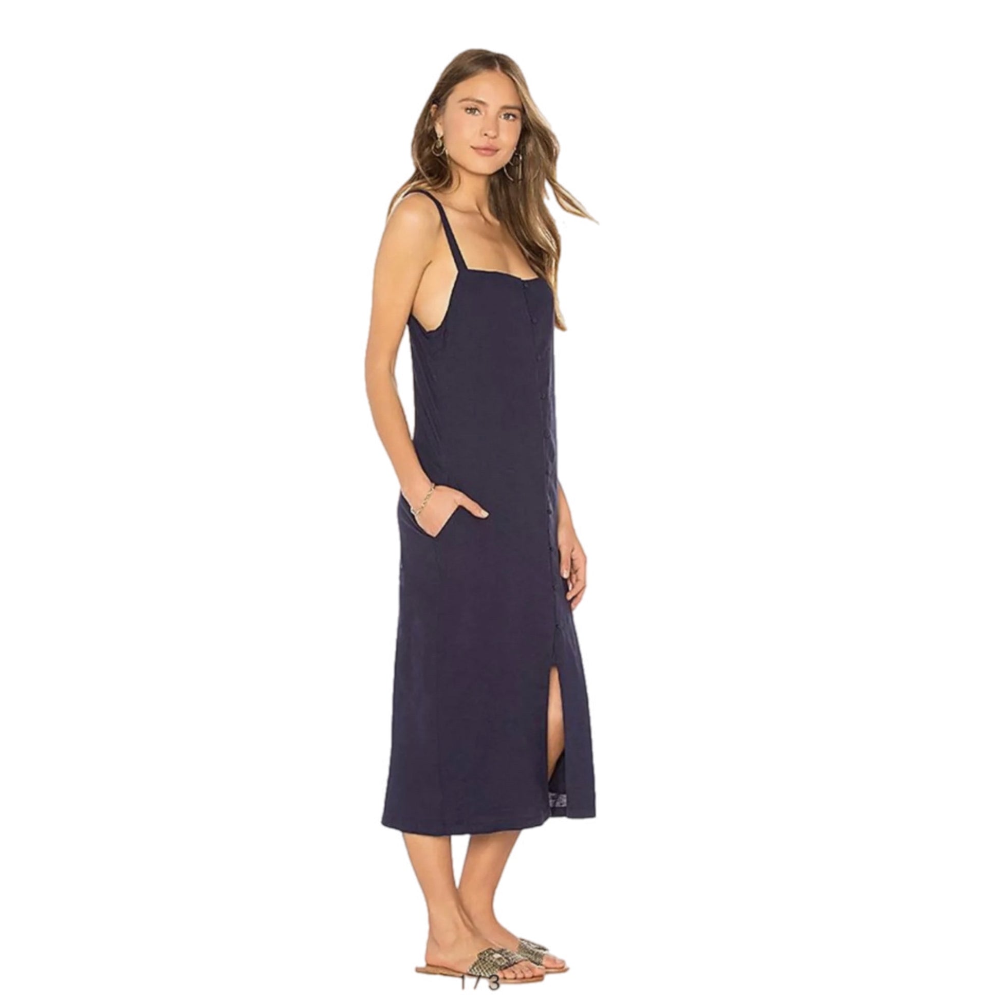 TAVIK Tara Casual Sun Dress in Evening Blue, Midi Length Cover Up Beachwear- Cotton/Linen Blend - East Coast Bella LLC