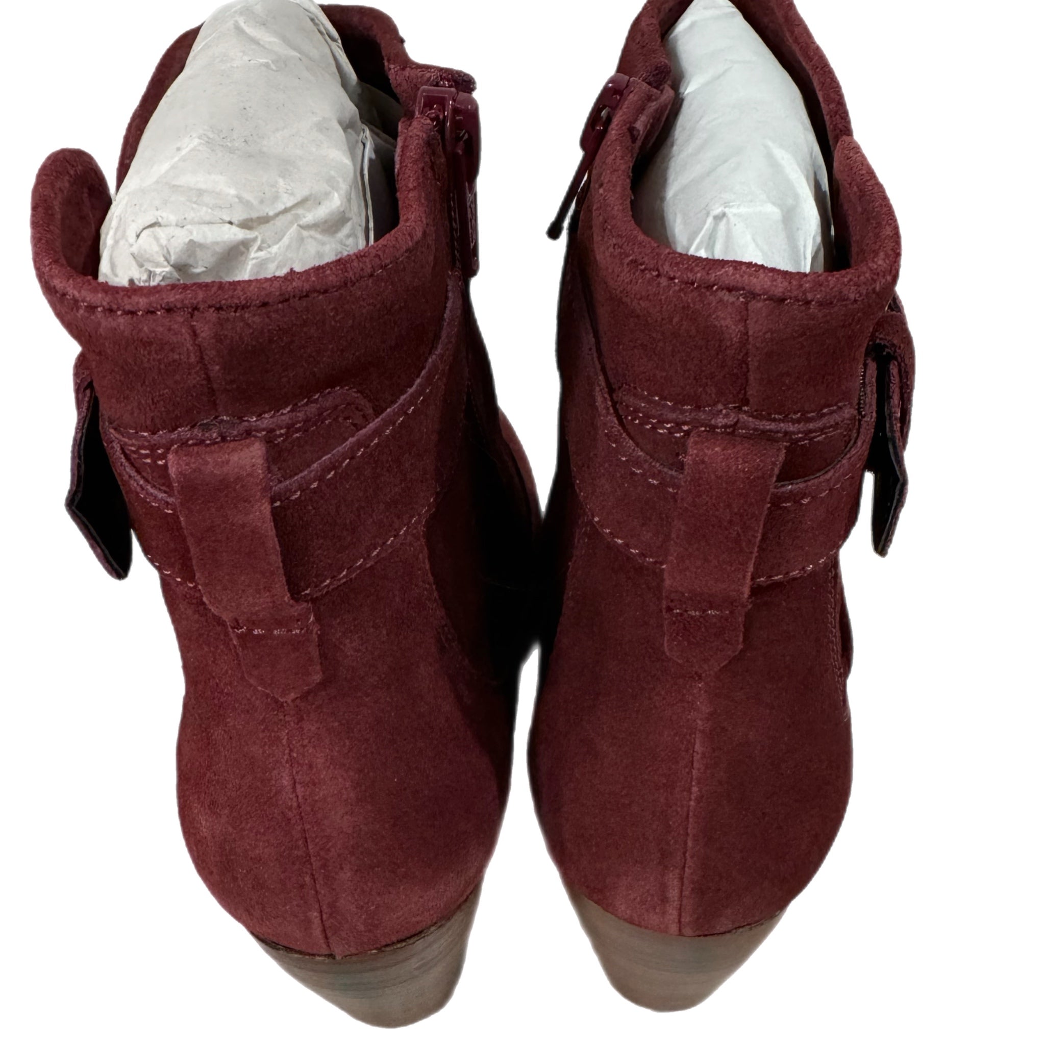 DIBA Merlot Burgundy Genuine Suede Leather Fashion Booties Gold Buckle Accent