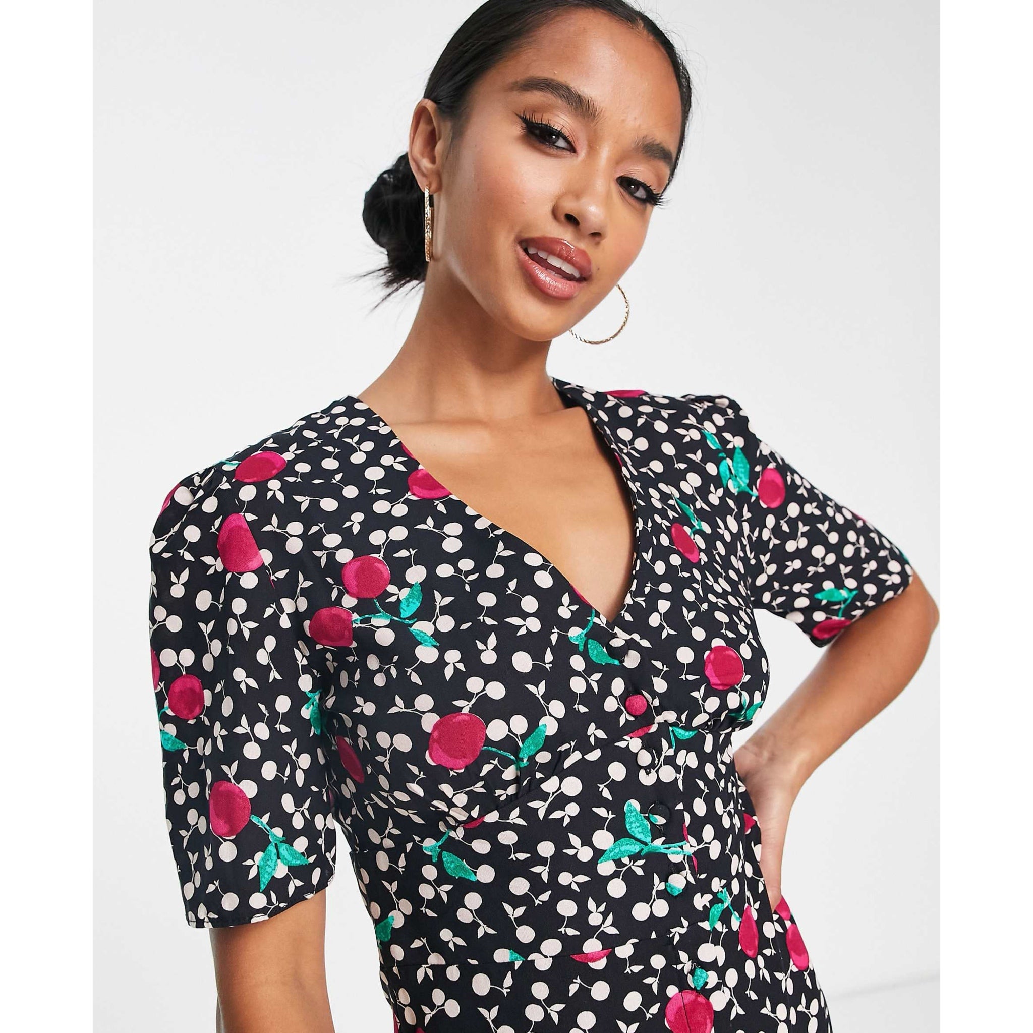 Nobody’s Child Cherry Mini Dress Eco Friendly Viscose Short Sleeve Button Front