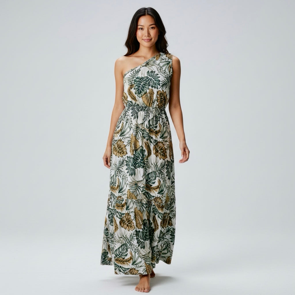 Tropical Resort-wear Dress Botanical Leaf One Shoulder Maxi