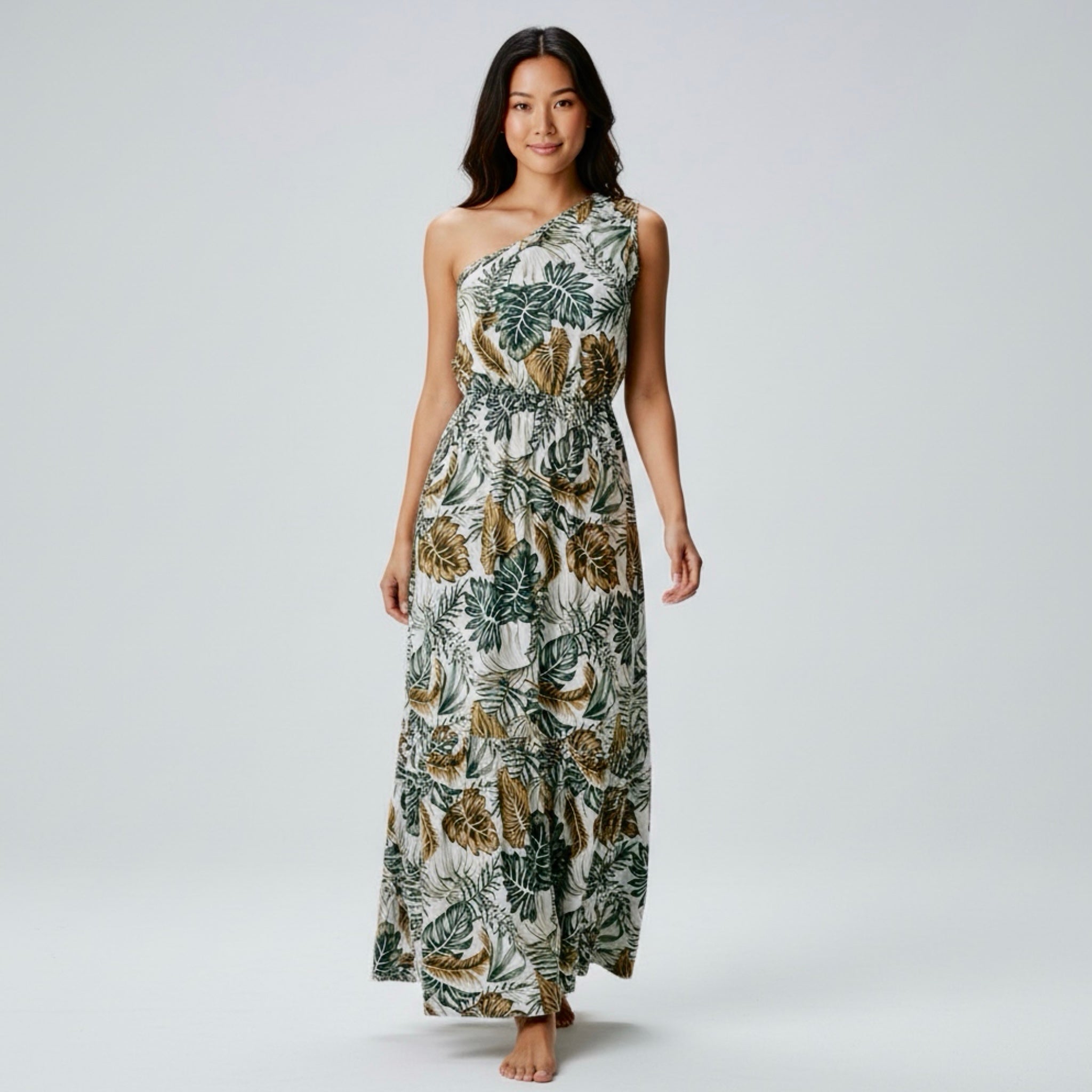 Tropical Resort-wear Dress Botanical Leaf One Shoulder Maxi