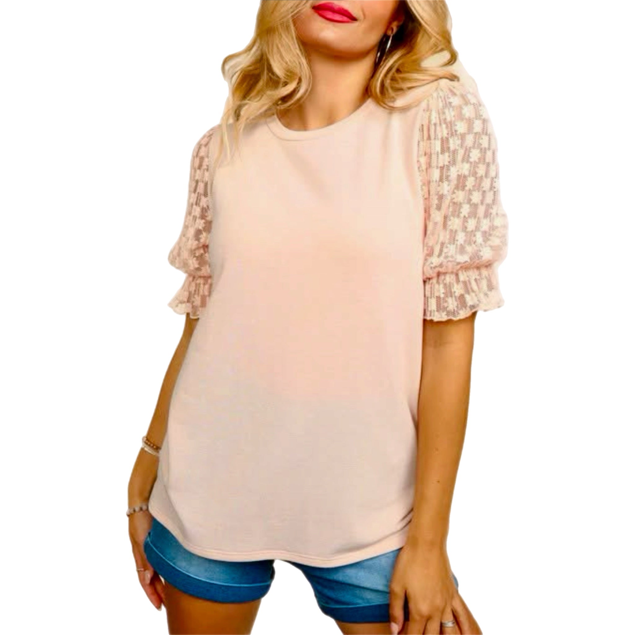 Peach French Terry Lace Sleeve Top Elegant Spring Blouse