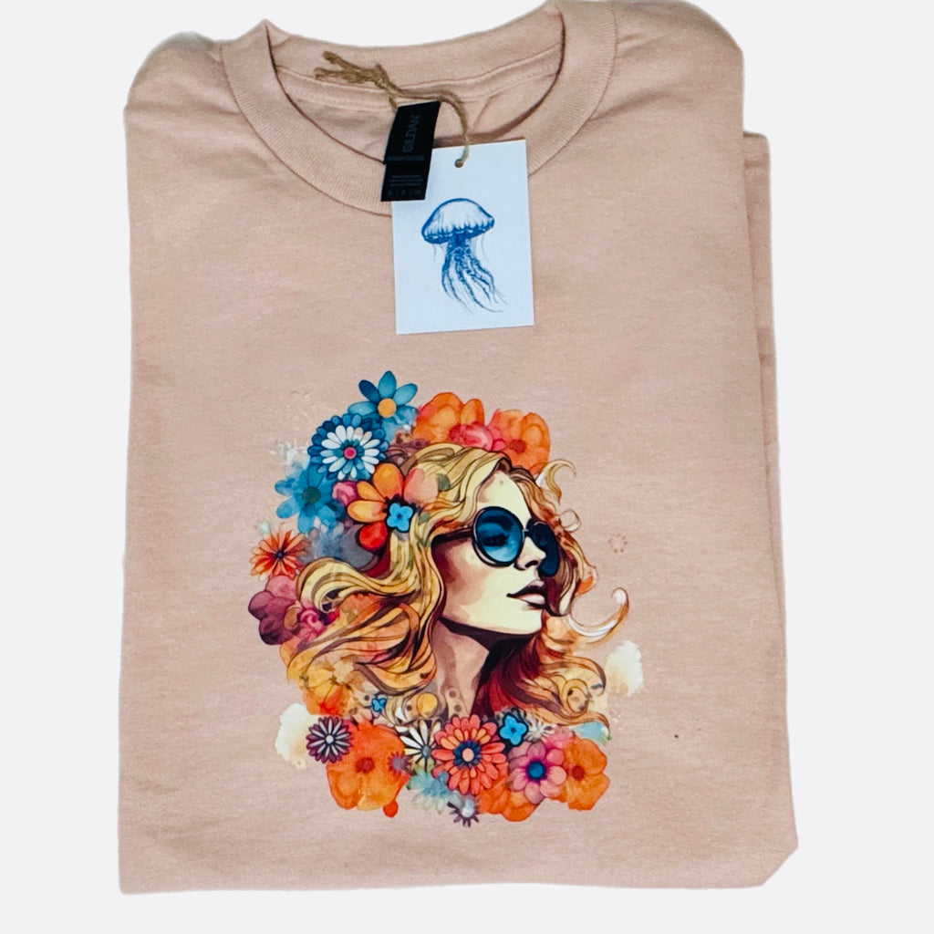 Boho Vintage 70s Style Lady in Flowers Graphic Tee Shirt in Beige Pink