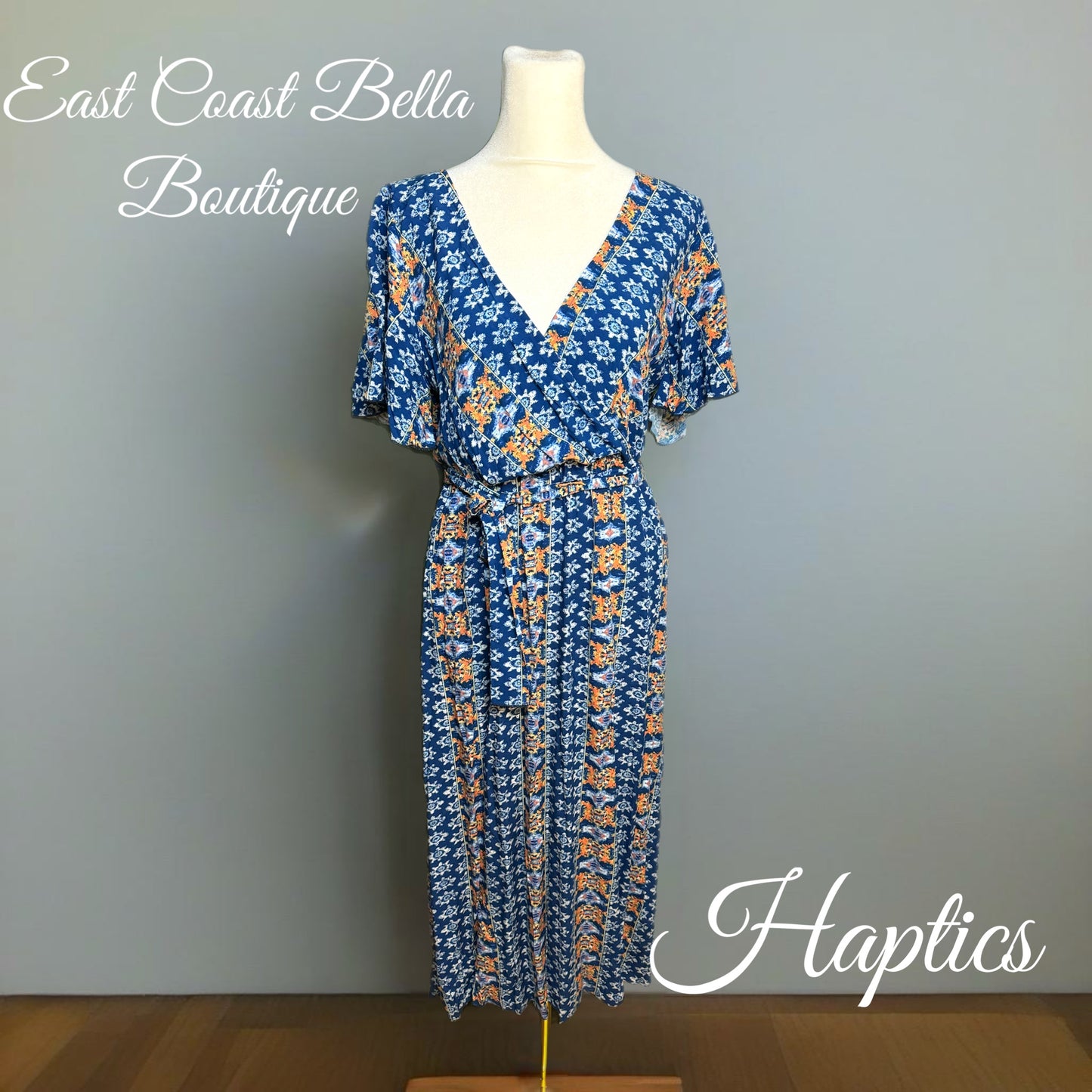 HAPTICS Navy Boho Print Surplice Sash Belt Midi Dress Small Only