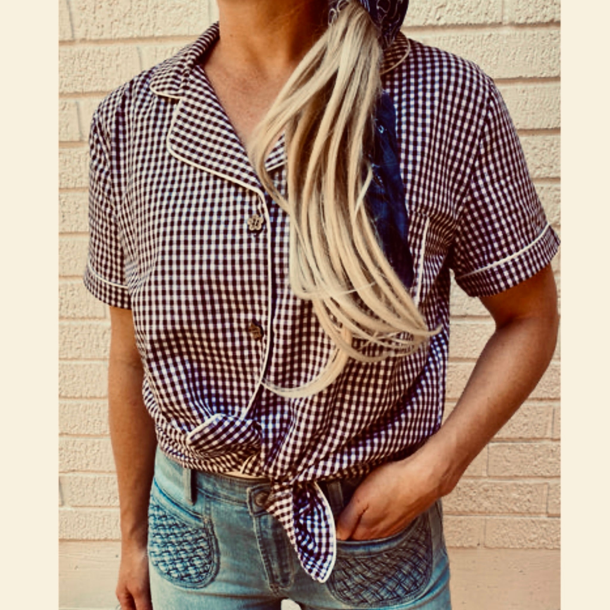 POL Gingham Check Retro Inspired Button Up Top 100% Cotton Blouse