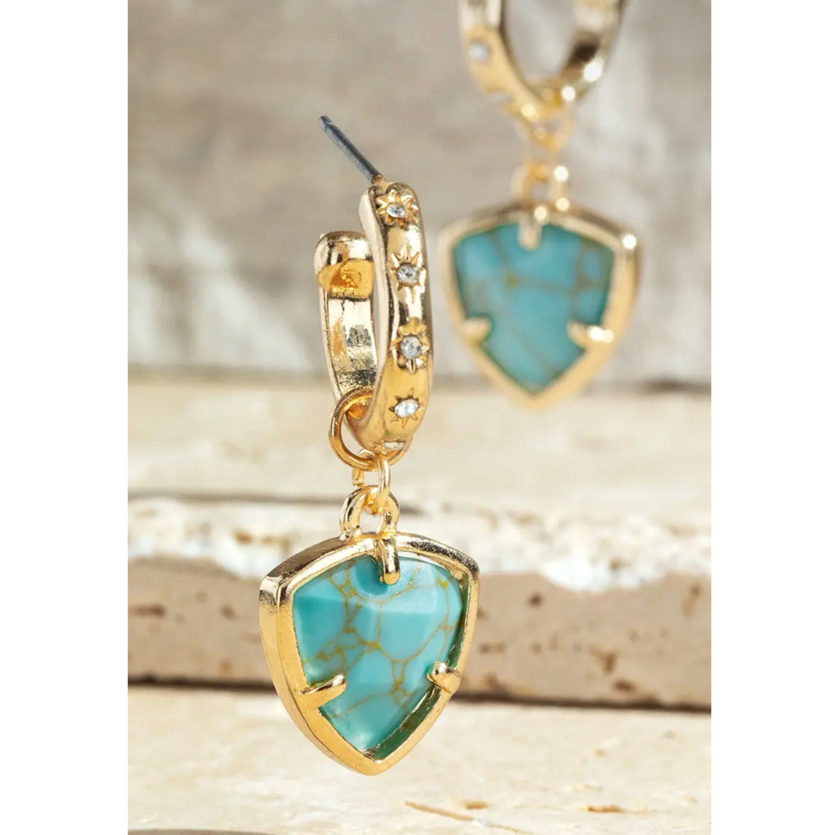 Boho Western Gold-Tone Blue Semi Precious Stone Triangle Dangle Earrings