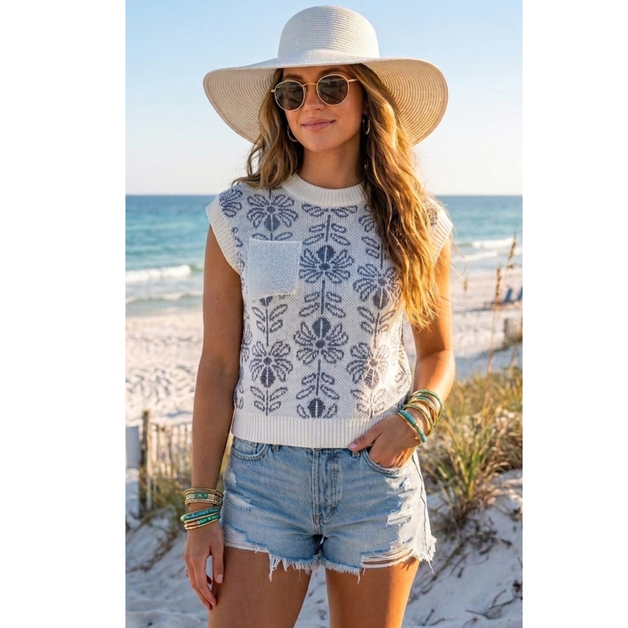 La Miel Floral Knit Sweater Vest Retro Revival Sleeveless Top- Pacific Blue