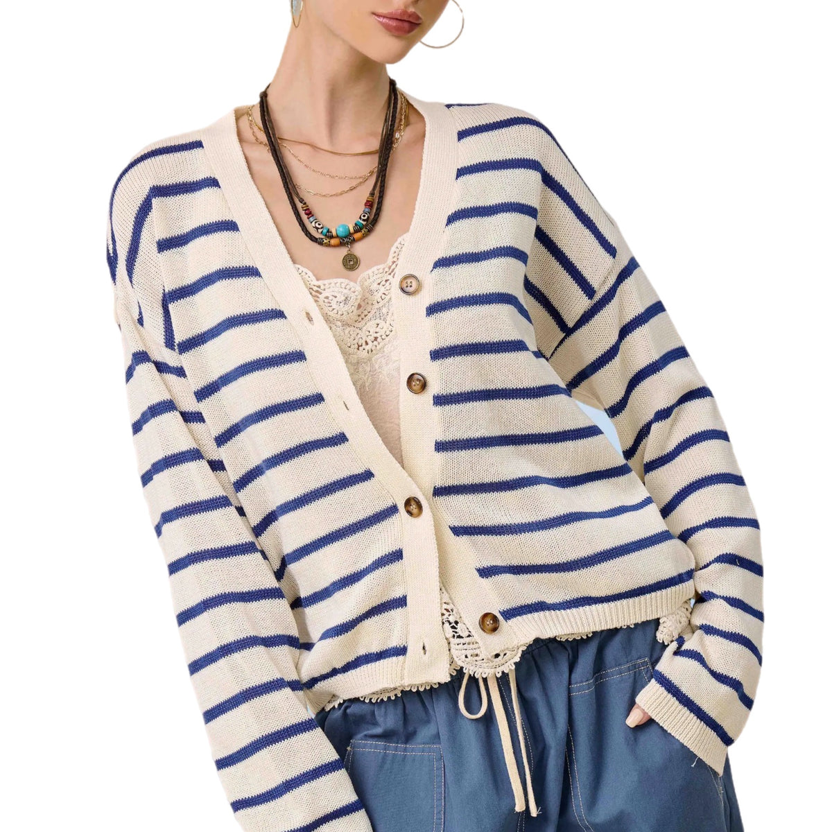 La Miel Coastal Striped V-Neck Cardigan Sweater – Cream & Navy