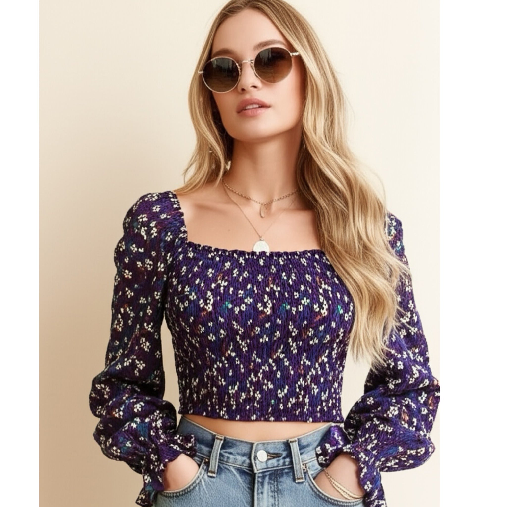 BAND OF THE FREE Cropped Purple Floral Smocked Long Sleeve Blouse