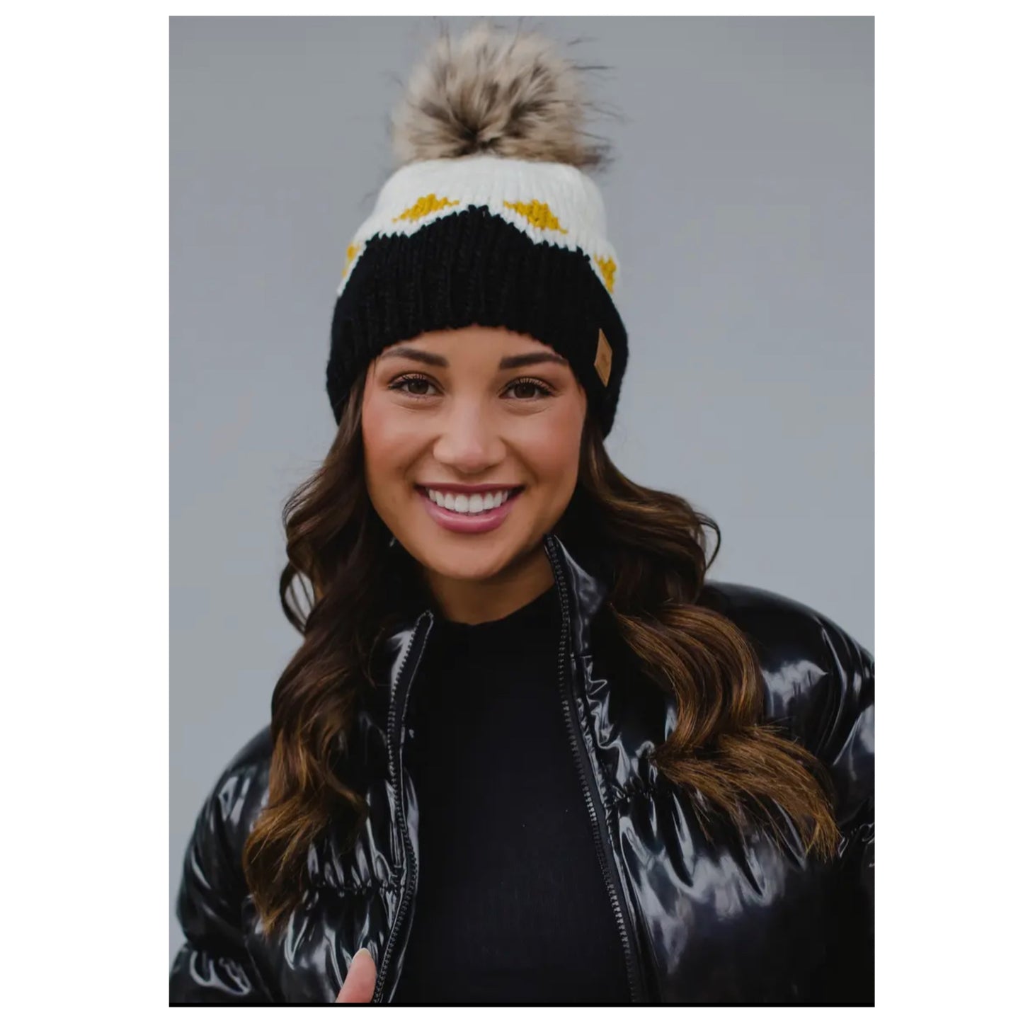 PANACHE Vegan Fur Pom Knit Hat White, Mustard & Black - East Coast Bella LLC